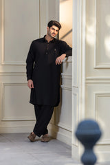Stitched Premium Kameez Shalwar With Golden Accent for Men - Black - A Man