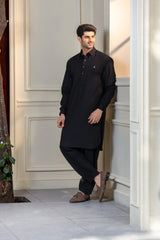 Stitched Premium Kameez Shalwar With Golden Accent for Men - Black - A Man