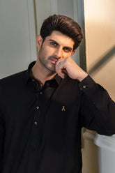 Stitched Premium Kameez Shalwar With Golden Accent for Men - Black - A Man