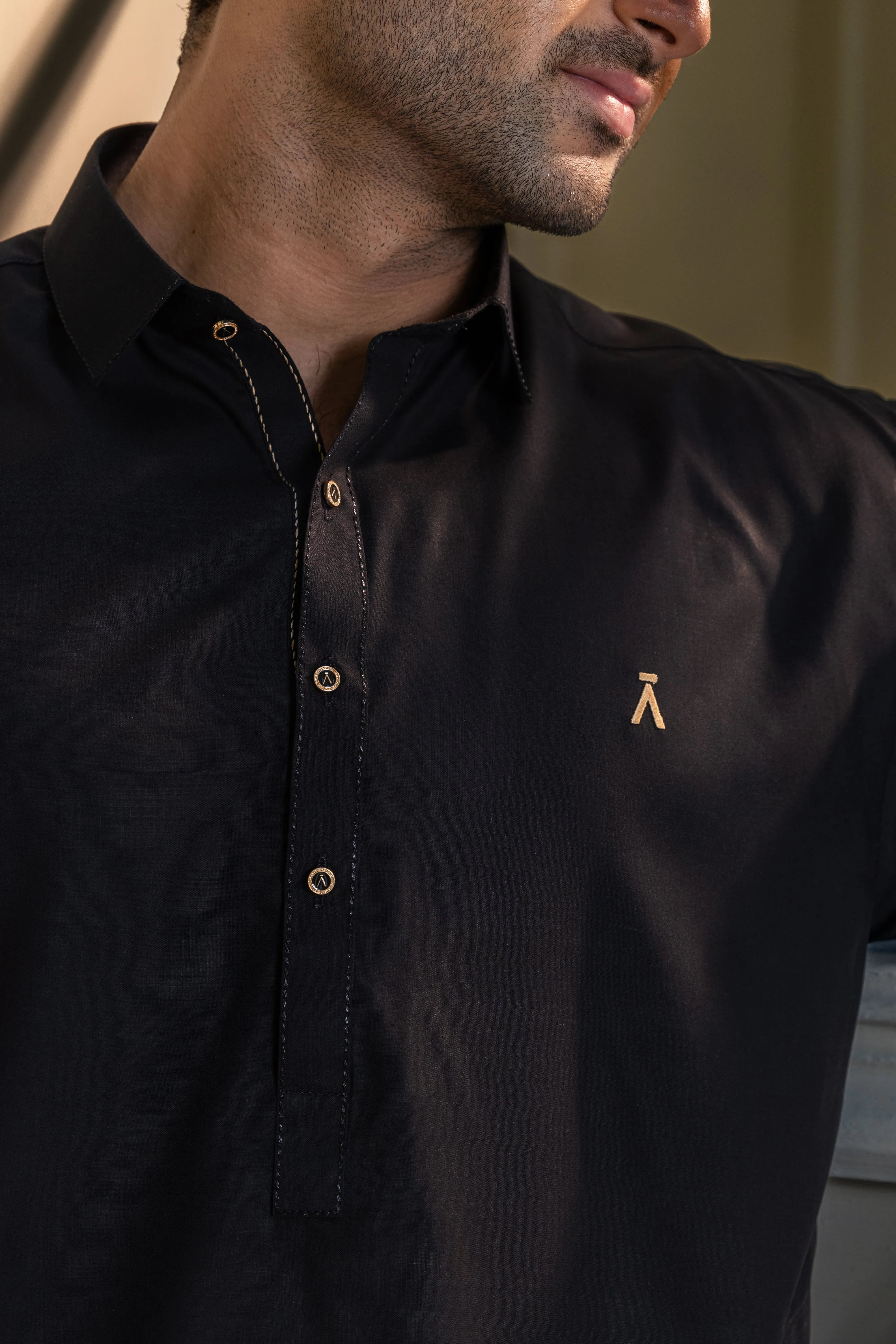 Stitched Premium Kameez Shalwar With Golden Accent for Men - Black - A Man