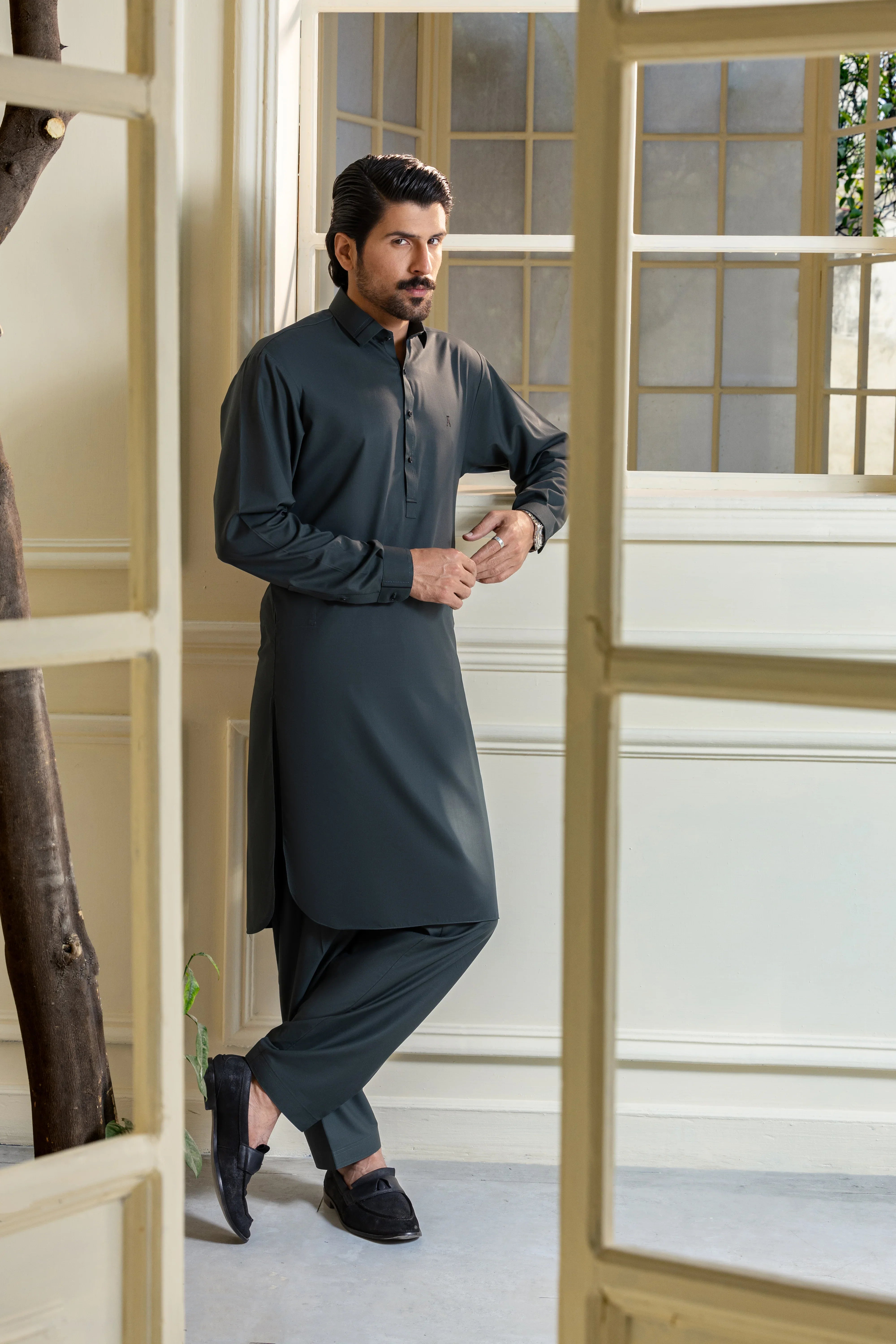 Stitched Collar Kameez Shalwar for Men - Charcoal - A Man