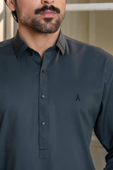 Stitched Collar Kameez Shalwar for Men - Charcoal - A Man