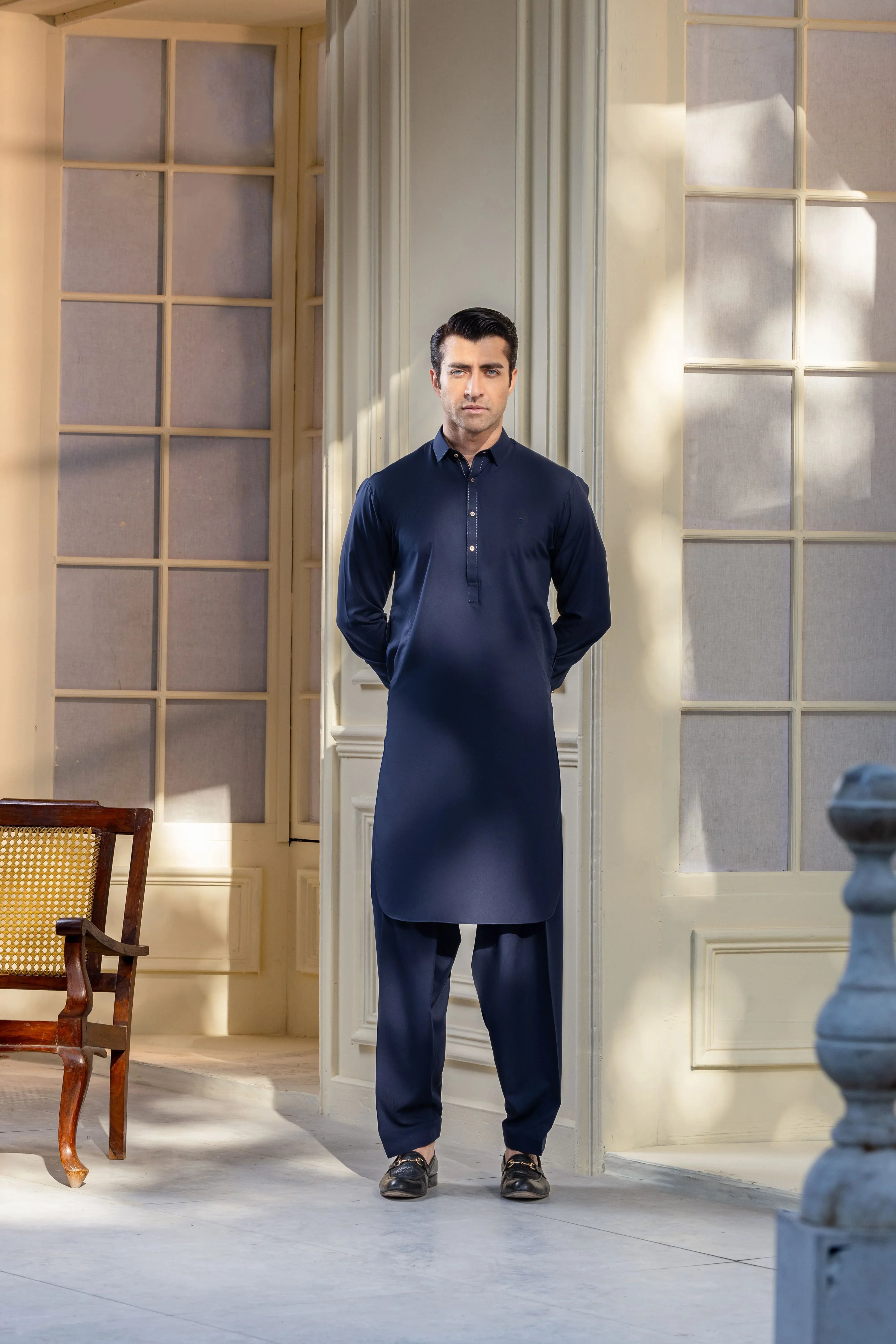Stitched Regal Collar Kameez Shalwar With Golden Detailing for Men - Navy Blue - A Man