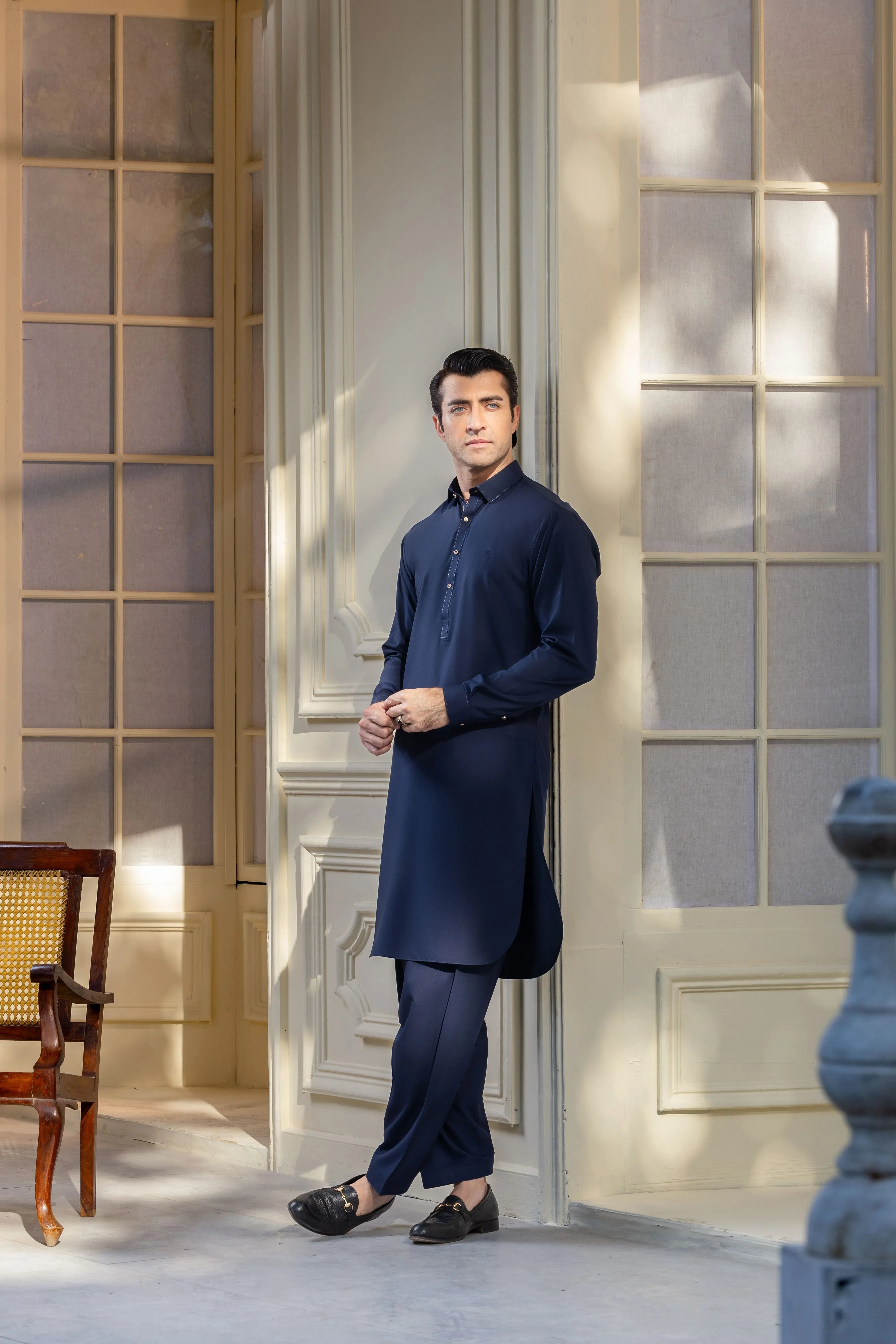 Stitched Regal Collar Kameez Shalwar With Golden Detailing for Men - Navy Blue - A Man