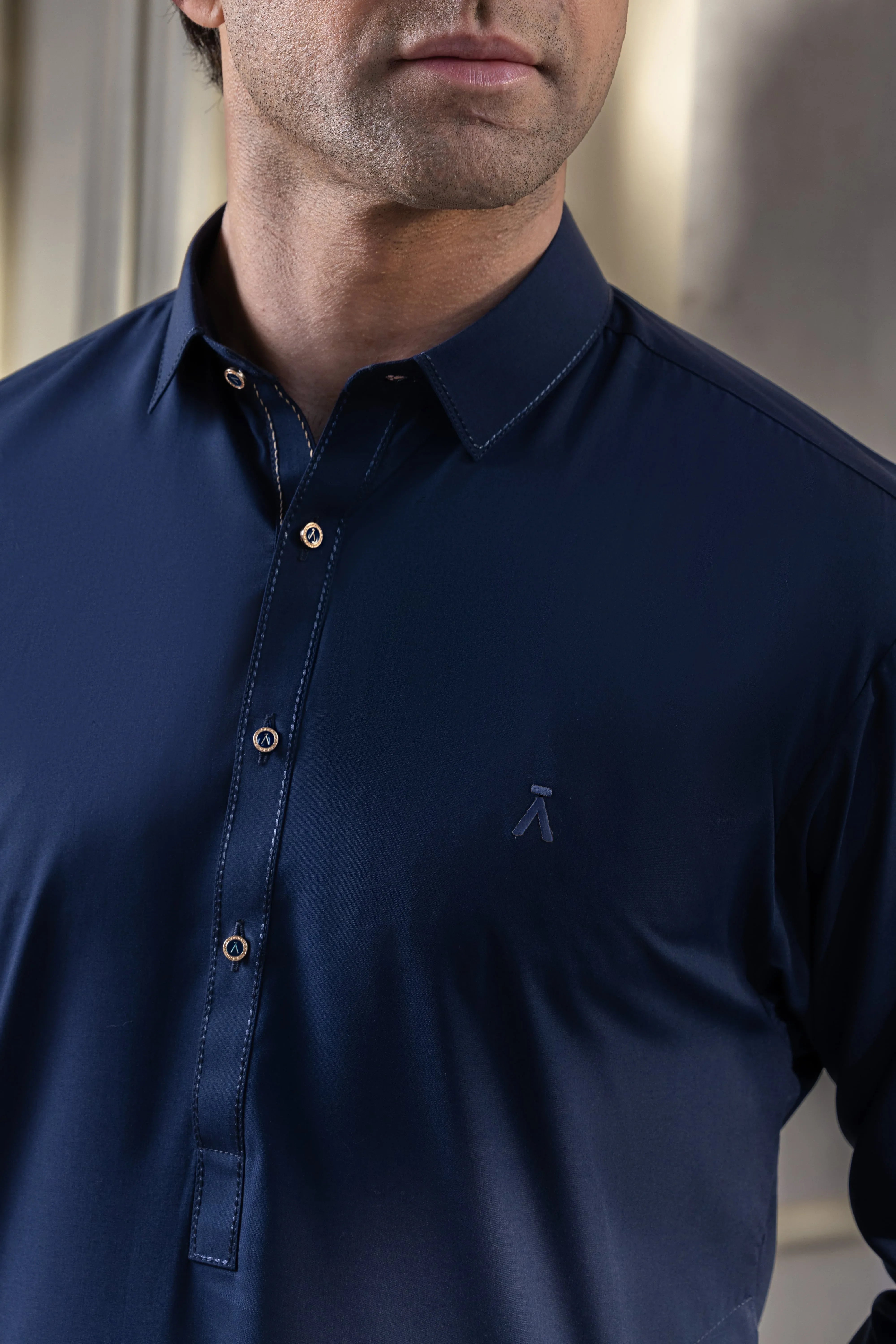 Stitched Regal Collar Kameez Shalwar With Golden Detailing for Men - Navy Blue - A Man