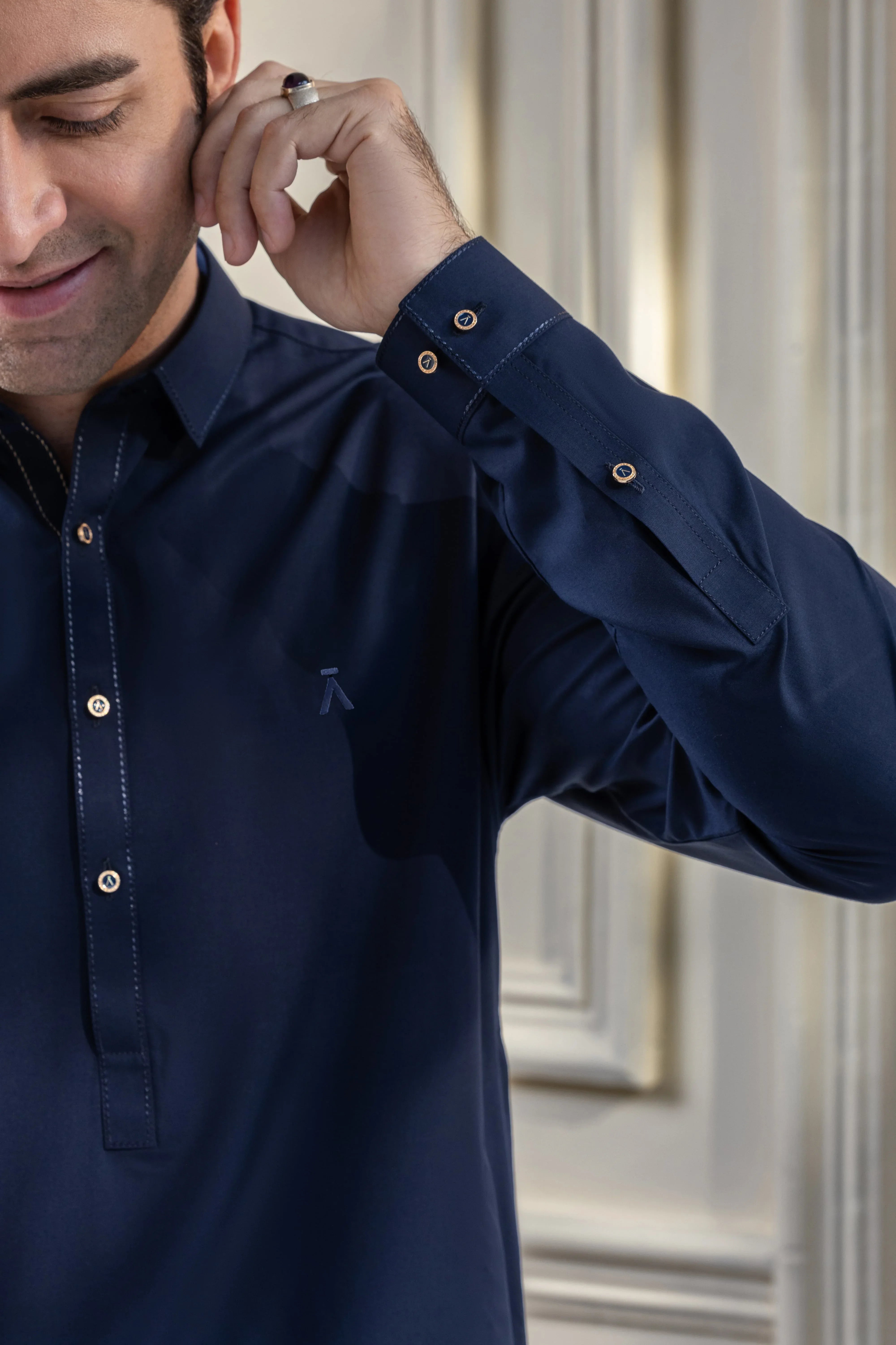 Stitched Regal Collar Kameez Shalwar With Golden Detailing for Men - Navy Blue - A Man