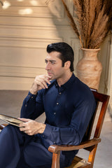 Stitched Regal Collar Kameez Shalwar With Golden Detailing for Men - Navy Blue - A Man