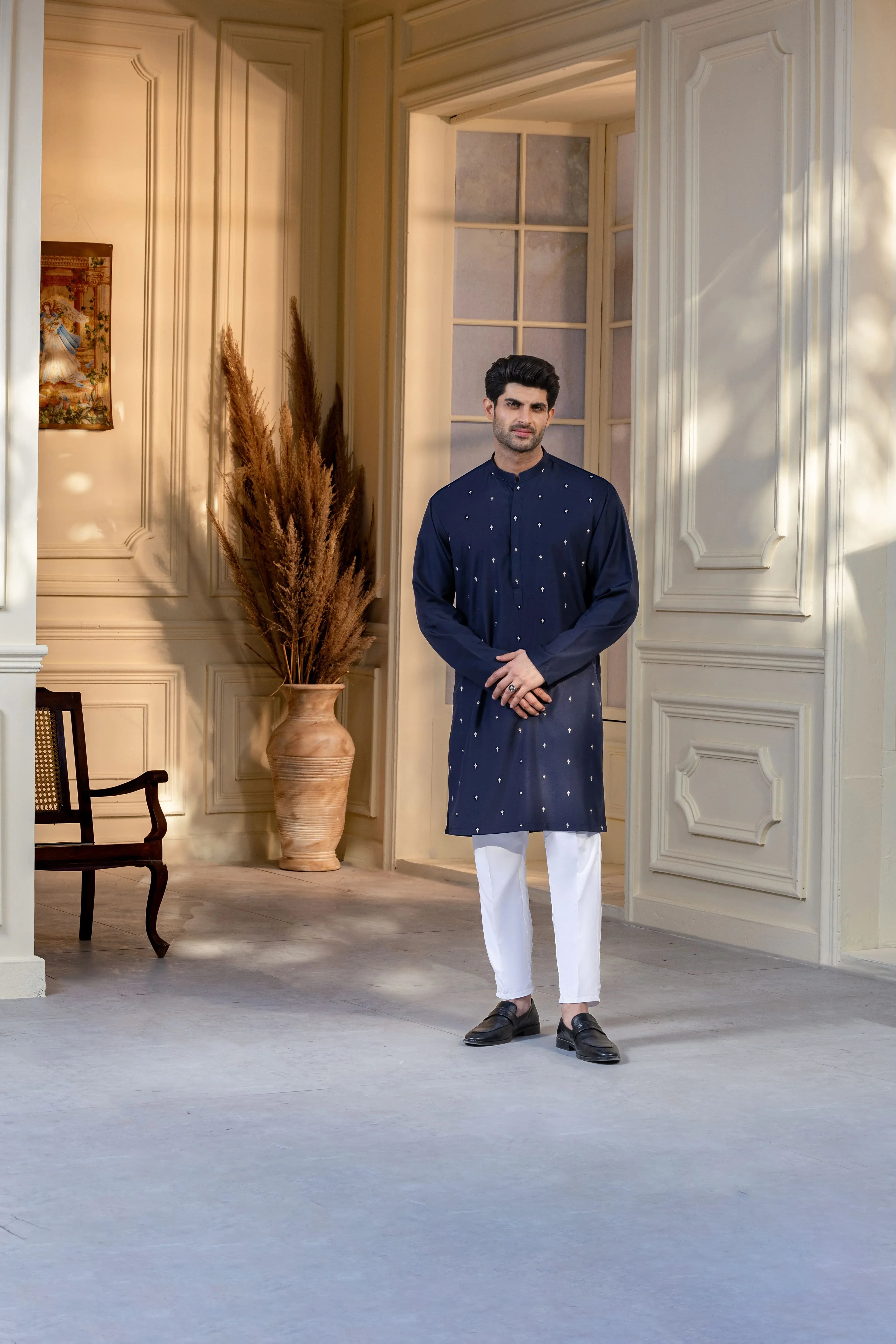 Stitched Embroidered Kurta With Trouser for Men - Navy Blue - A Man