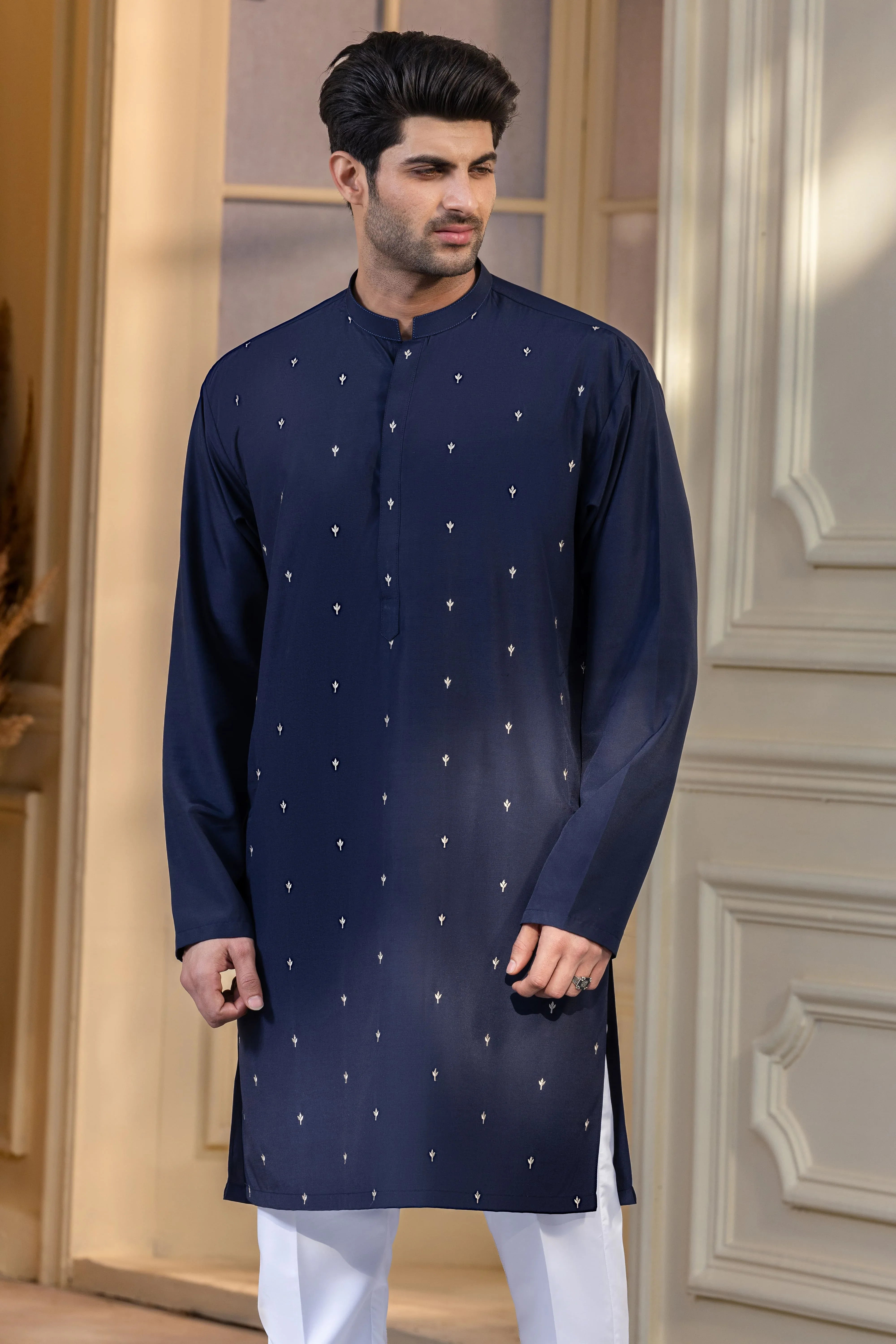 Stitched Embroidered Kurta With Trouser for Men - Navy Blue - A Man