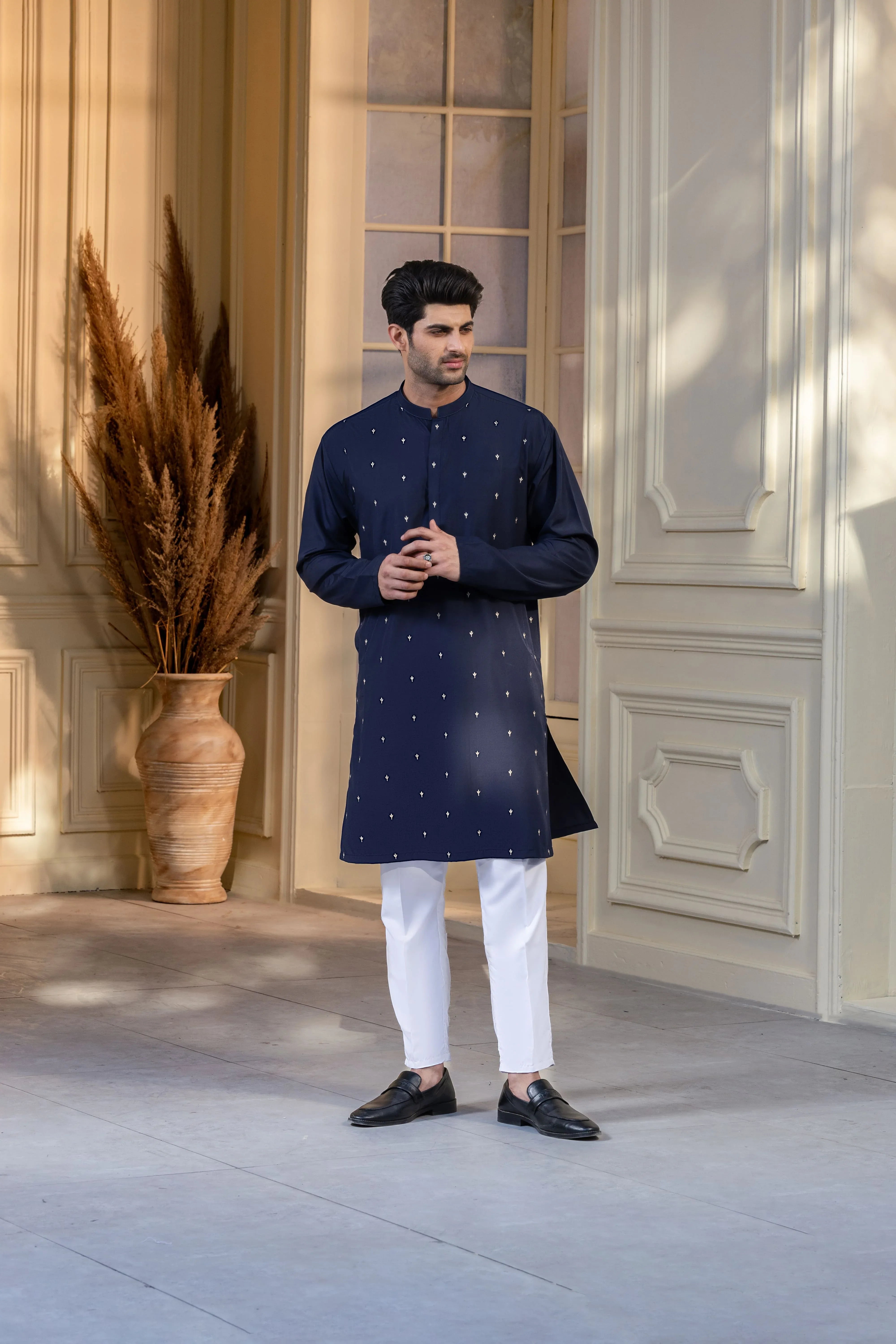 Stitched Embroidered Kurta With Trouser for Men - Navy Blue - A Man