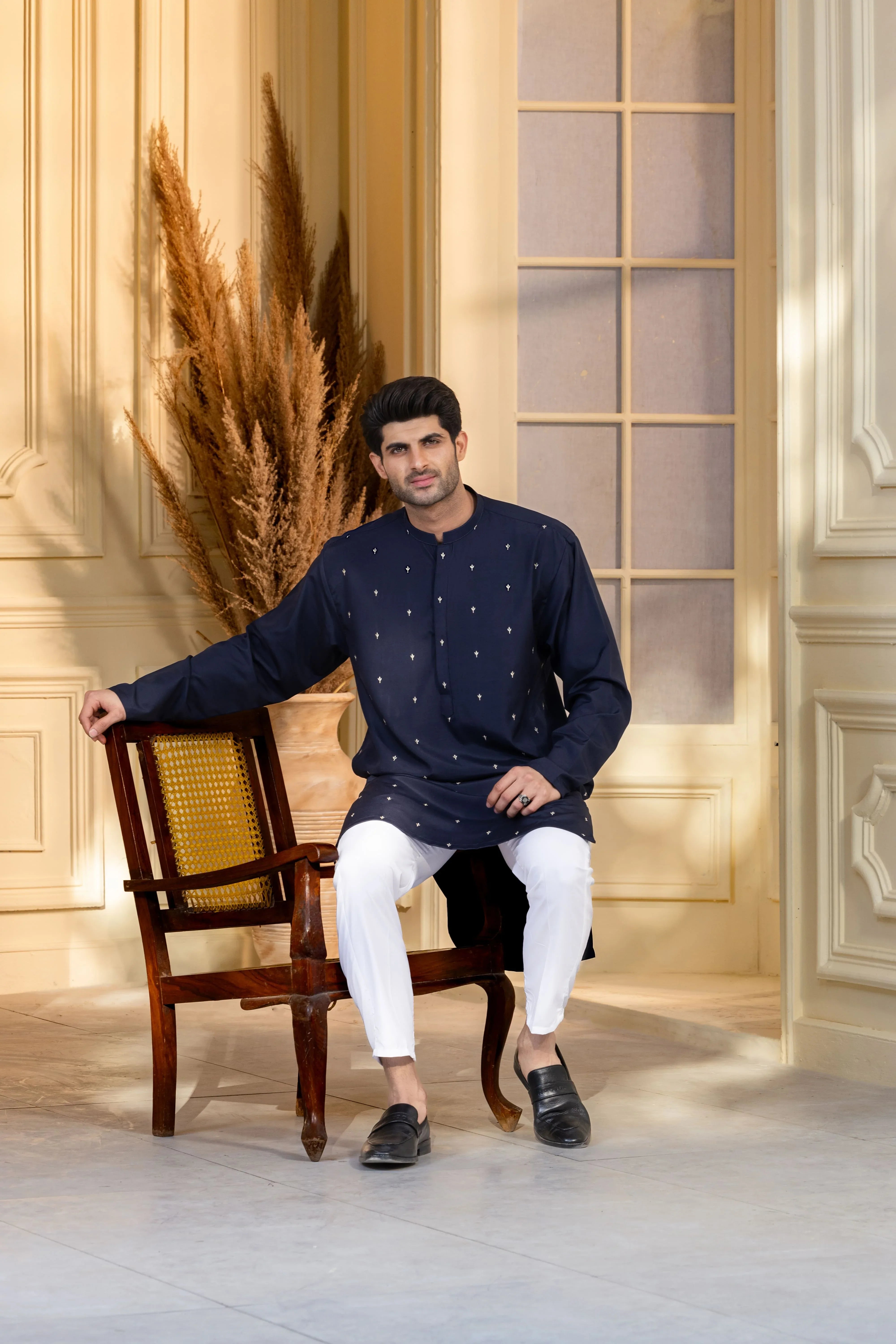 Stitched Embroidered Kurta With Trouser for Men - Navy Blue - A Man