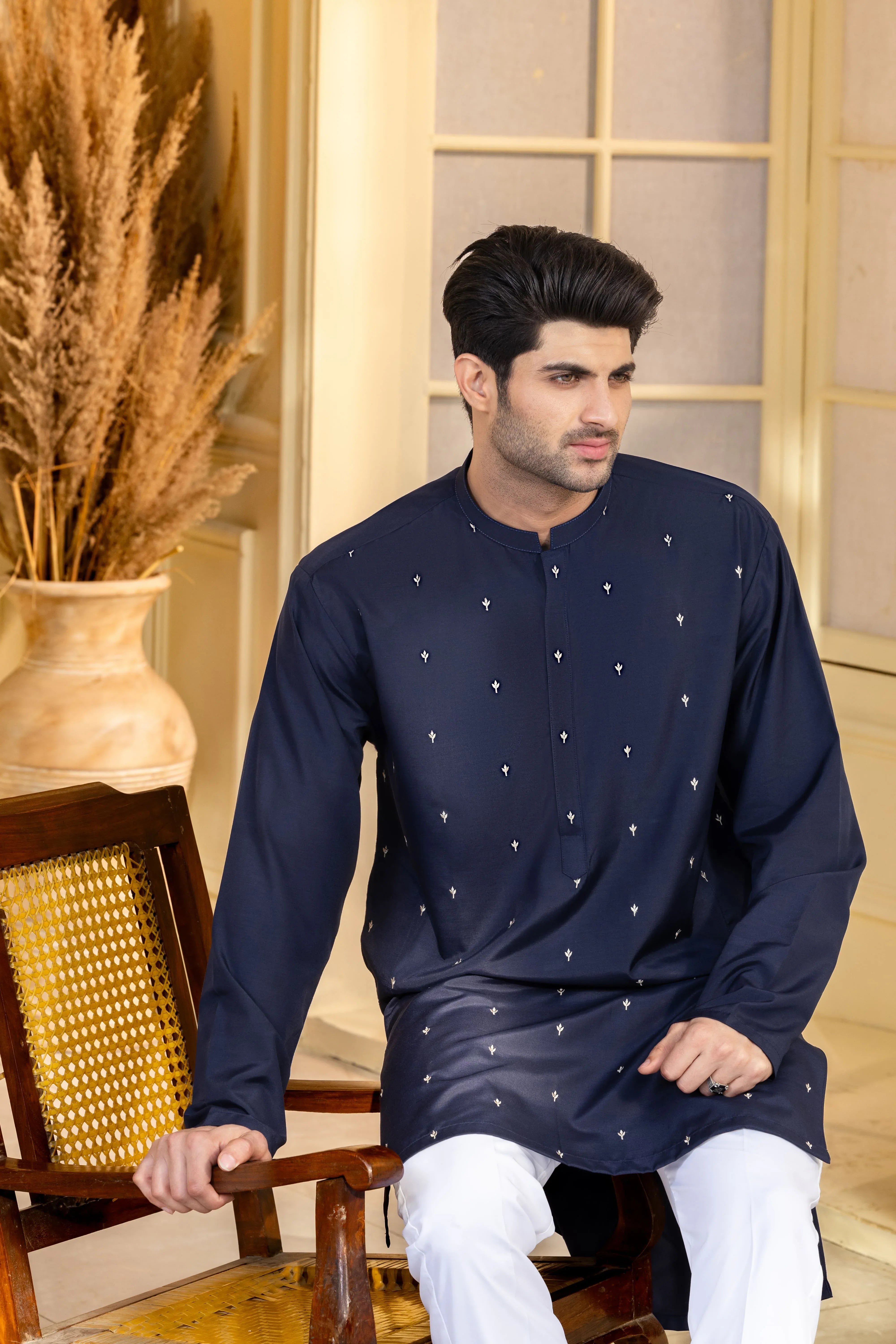 Stitched Embroidered Kurta With Trouser for Men - Navy Blue - A Man