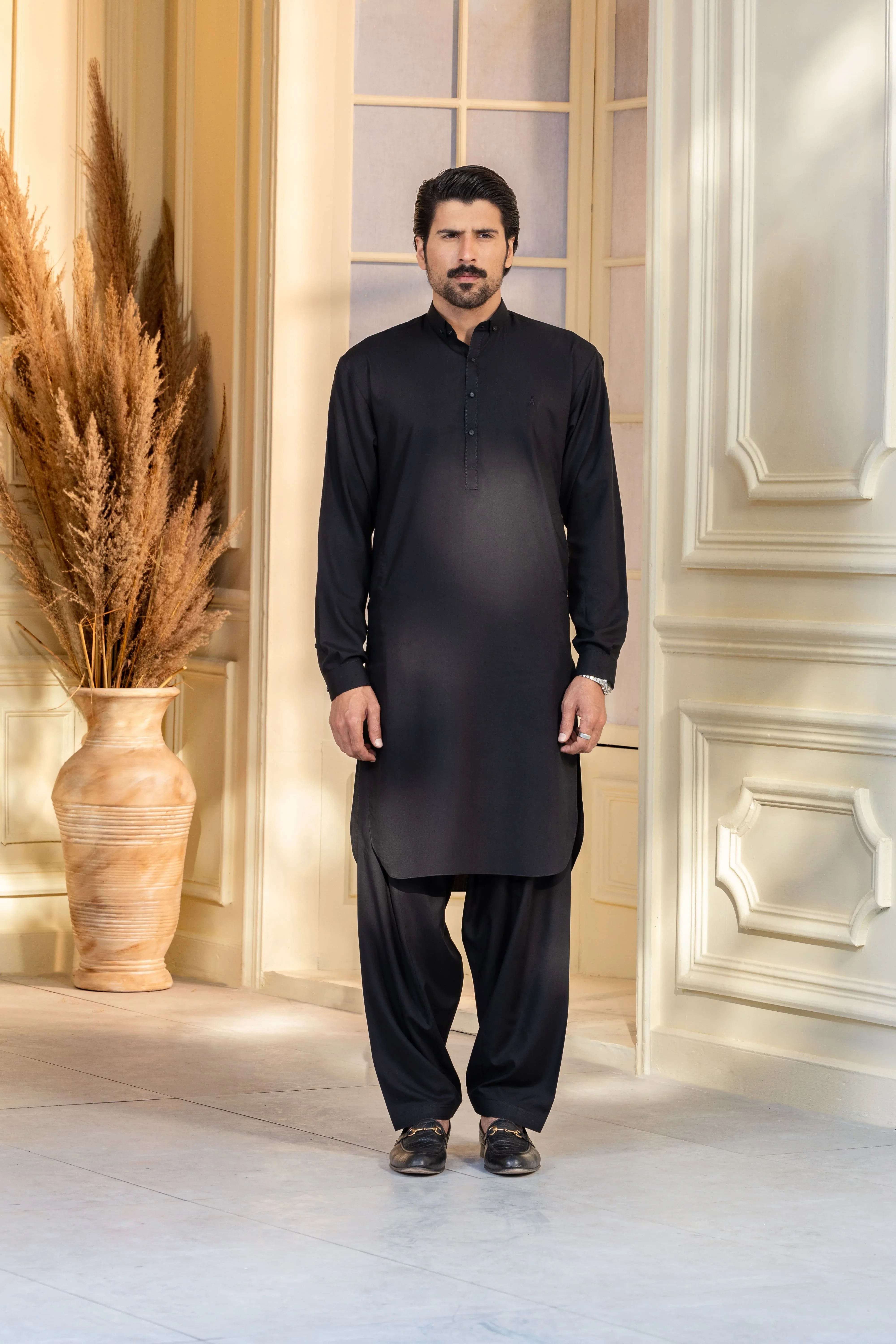 Stitched Button Down Collar Kameez With Matching Shalwar for Men - Black - A Man