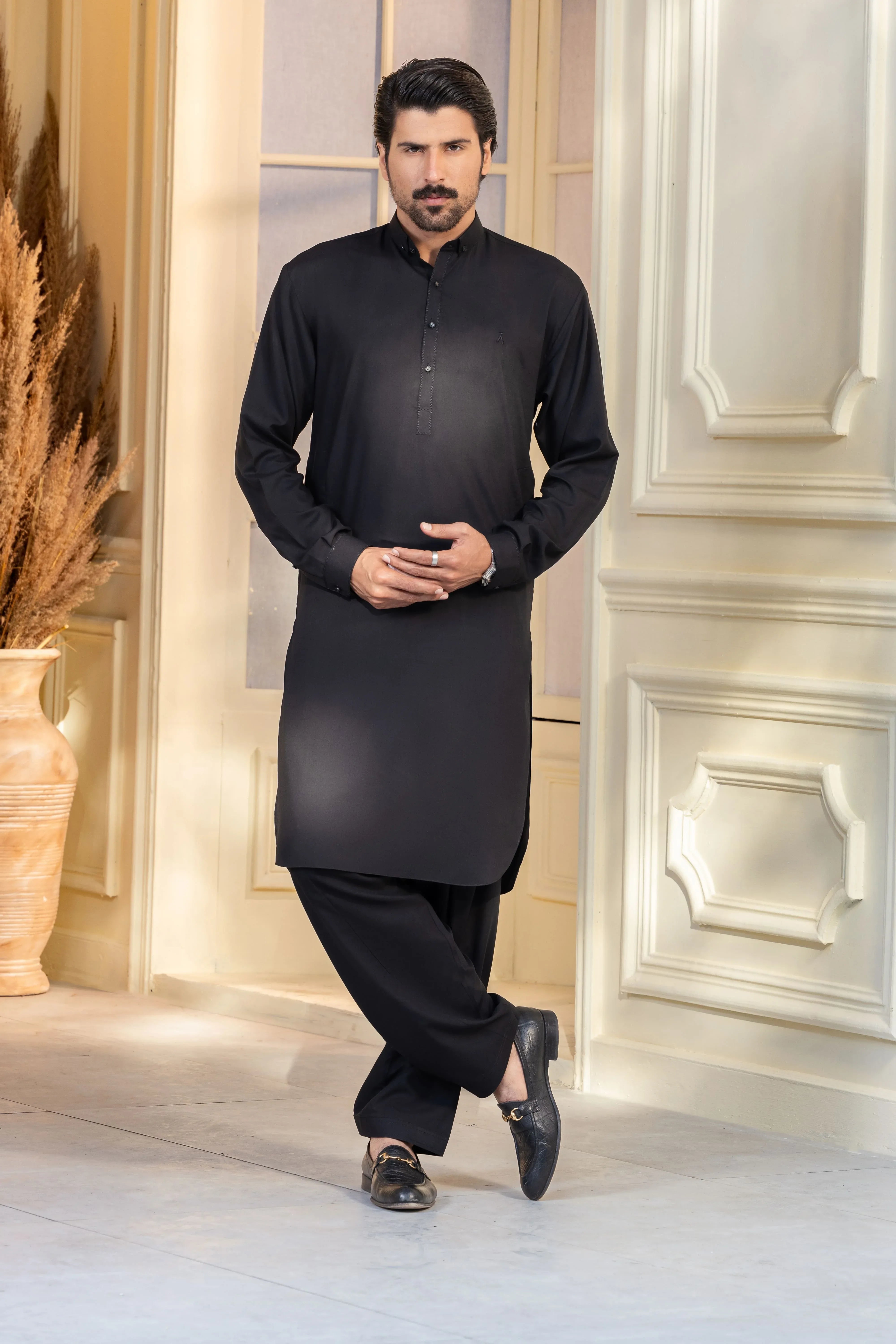 Stitched Button Down Collar Kameez With Matching Shalwar for Men - Black - A Man