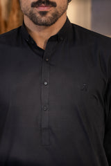 Stitched Button Down Collar Kameez With Matching Shalwar for Men - Black - A Man