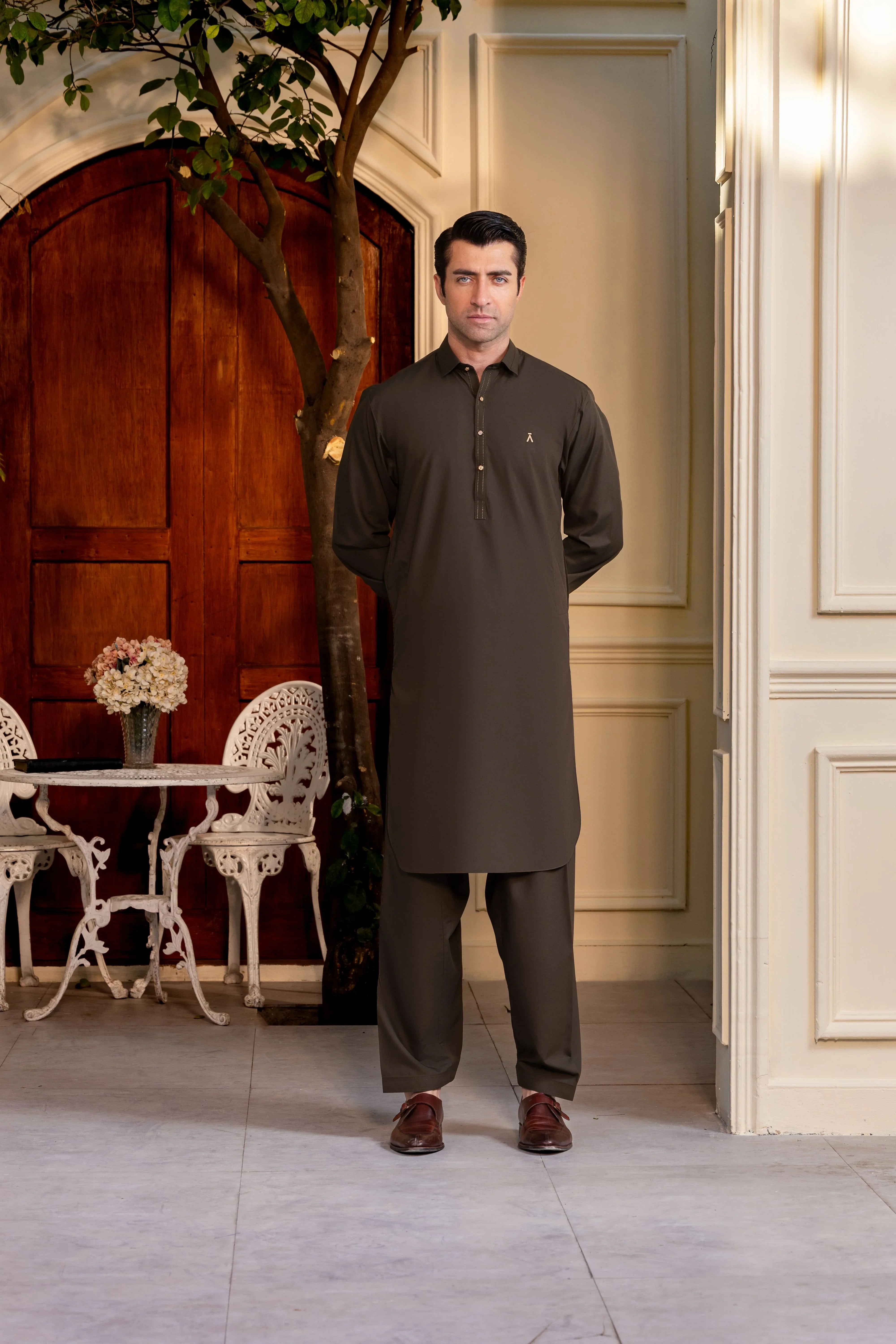 Stitched Classic Collar Kameez Shalwar With Golden Buttons for Men - Dark Olive Green - A Man