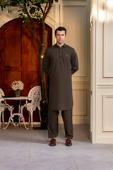 Stitched Classic Collar Kameez Shalwar With Golden Buttons for Men - Dark Olive Green - A Man