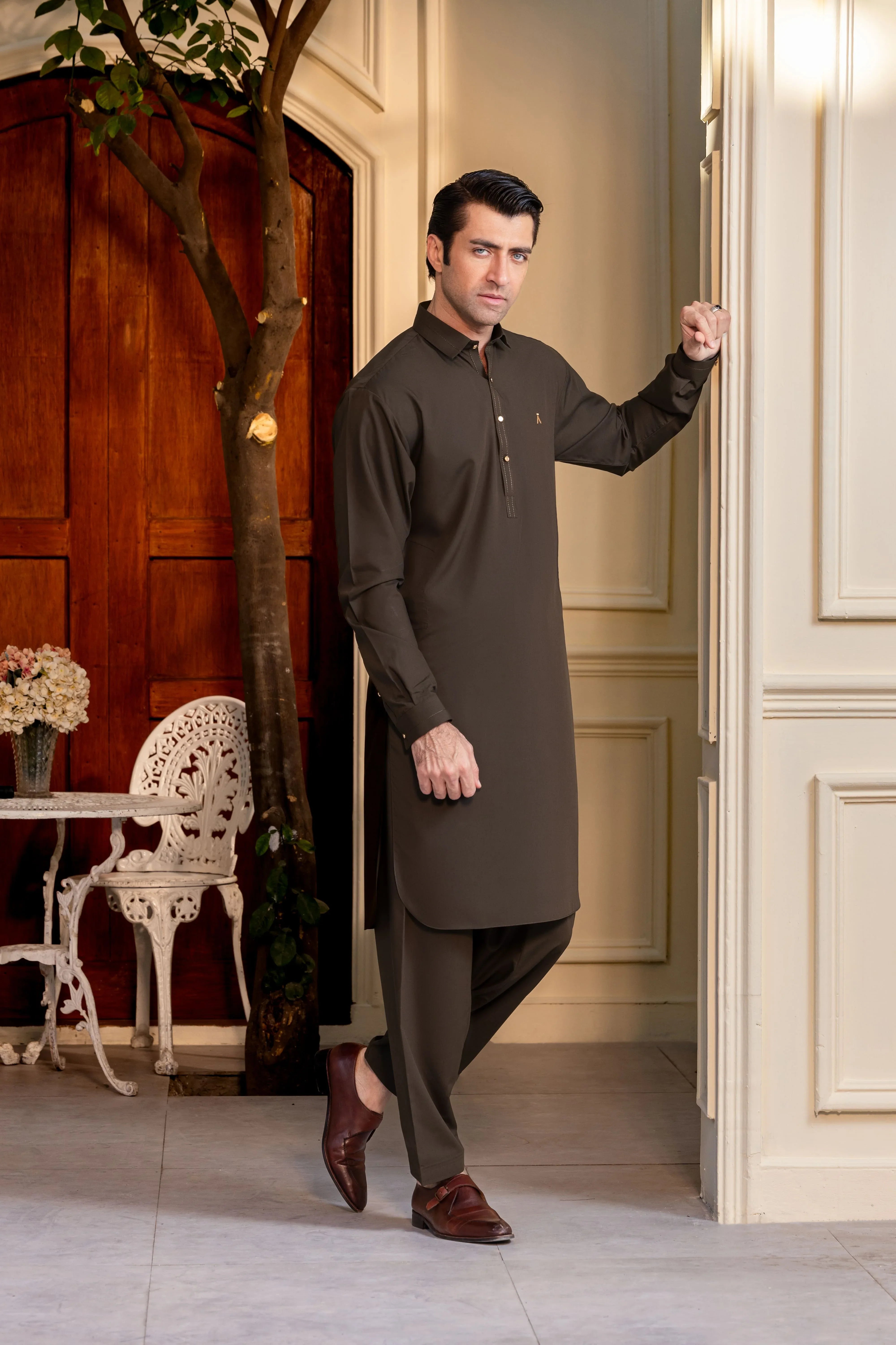 Stitched Classic Collar Kameez Shalwar With Golden Buttons for Men - Dark Olive Green - A Man