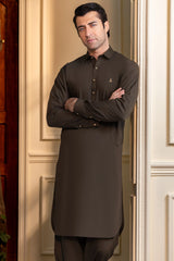 Stitched Classic Collar Kameez Shalwar With Golden Buttons for Men - Dark Olive Green - A Man