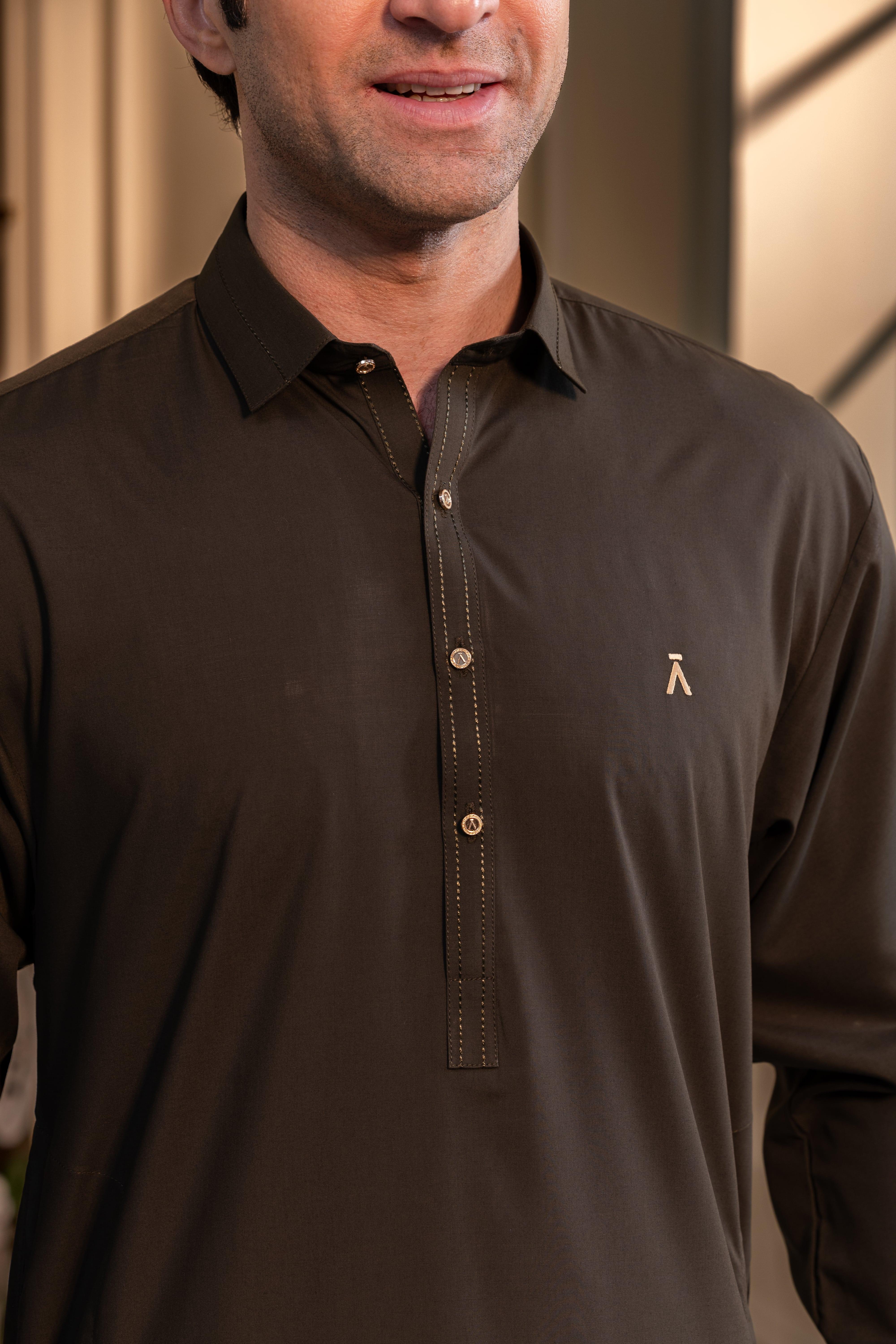 Stitched Classic Collar Kameez Shalwar With Golden Buttons for Men - Dark Olive Green - A Man