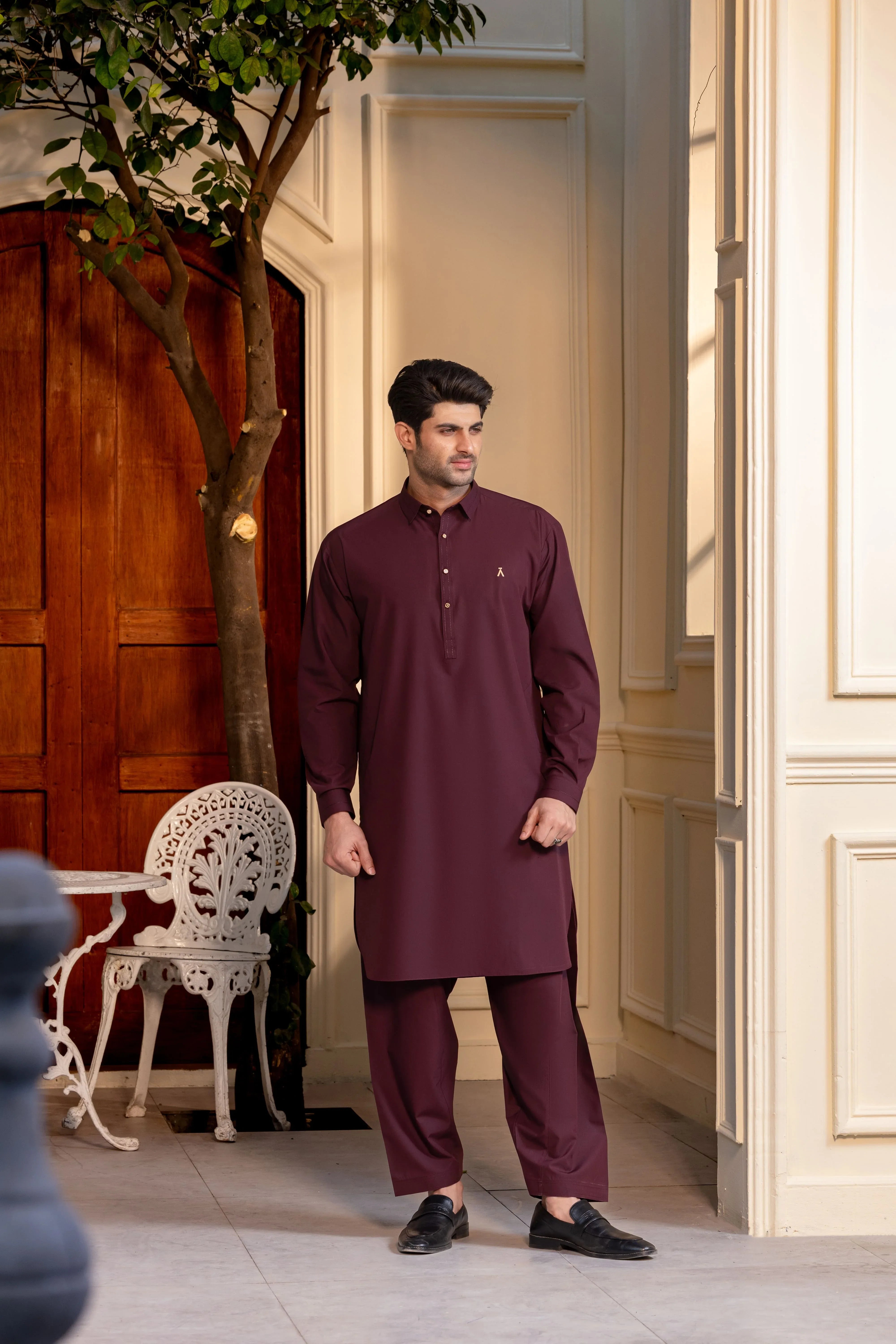 Stitched Modern Kameez Shalwar With Golden Buttons & Thread Detailing for Men - Burgundy - A Man