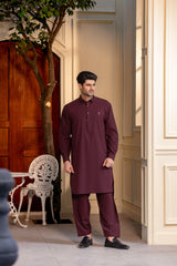 Stitched Modern Kameez Shalwar With Golden Buttons & Thread Detailing for Men - Burgundy - A Man