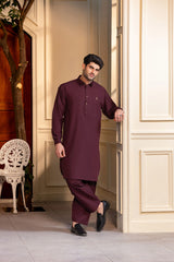 Stitched Modern Kameez Shalwar With Golden Buttons & Thread Detailing for Men - Burgundy - A Man