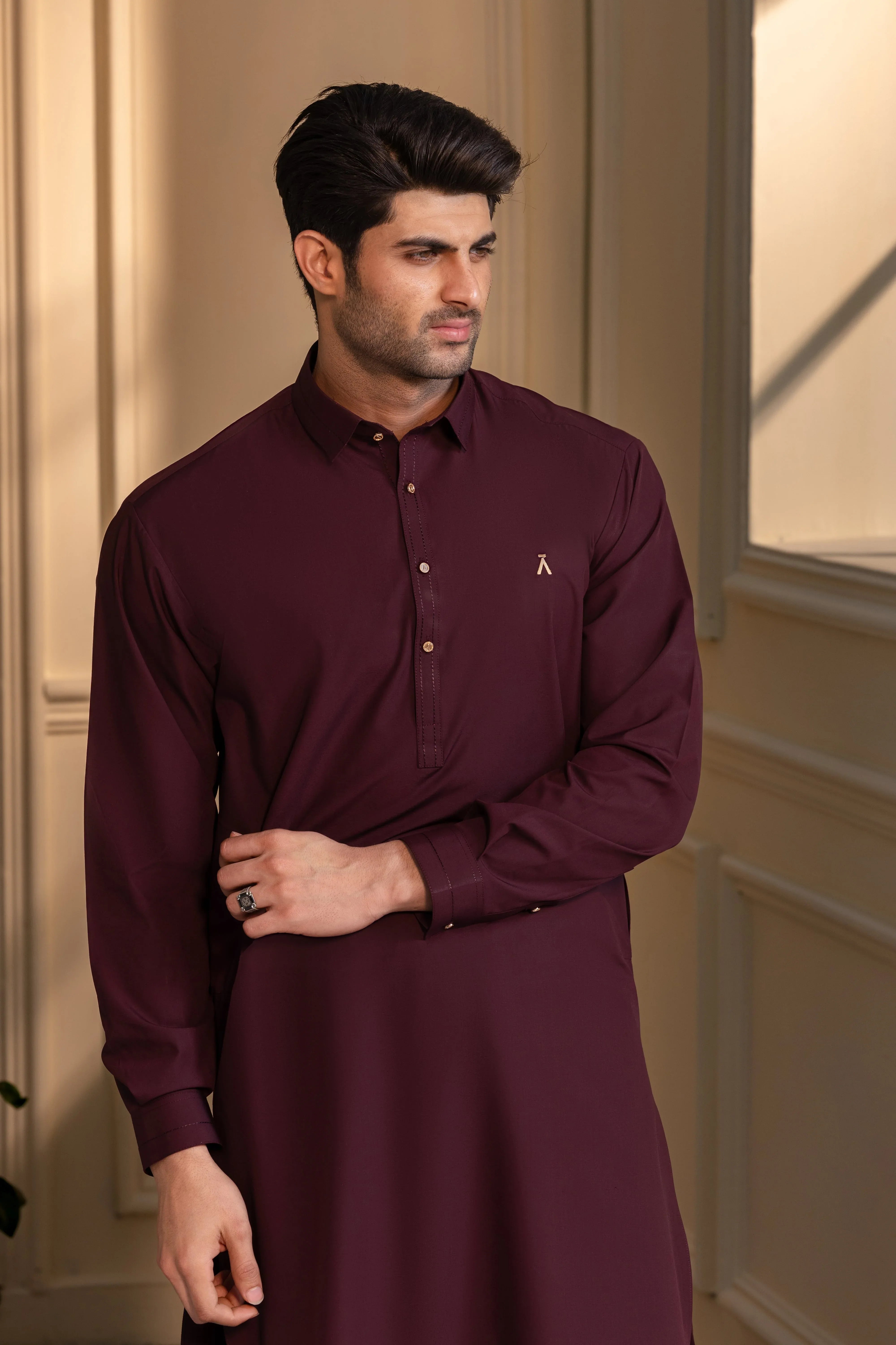 Stitched Modern Kameez Shalwar With Golden Buttons & Thread Detailing for Men - Burgundy - A Man