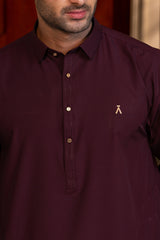 Stitched Modern Kameez Shalwar With Golden Buttons & Thread Detailing for Men - Burgundy - A Man