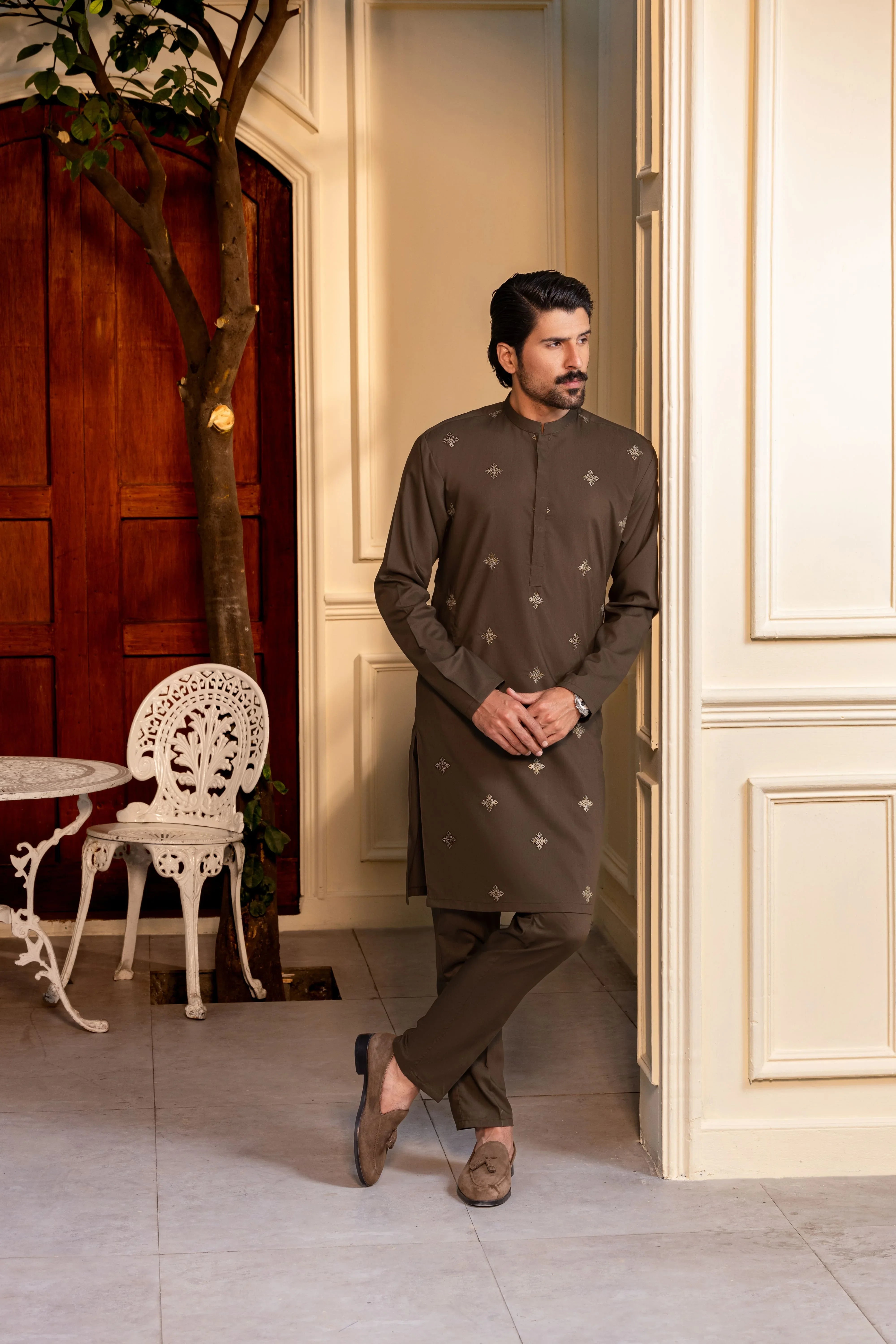 Stitched Embroidered Kurta With Matching Trousers for Men - Olive Green - A Man