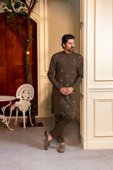 Stitched Embroidered Kurta With Matching Trousers for Men - Olive Green - A Man