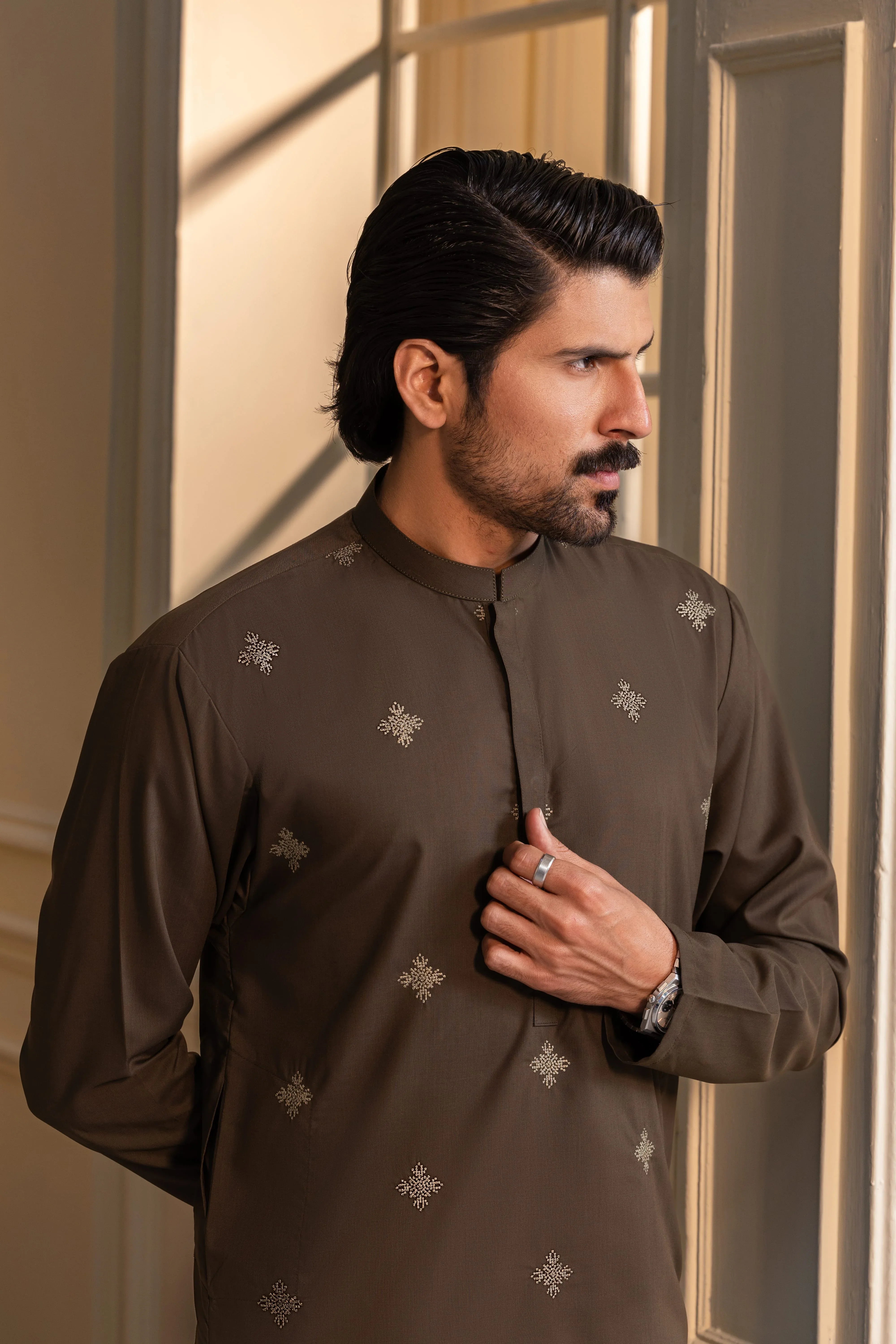 Stitched Embroidered Kurta With Matching Trousers for Men - Olive Green - A Man