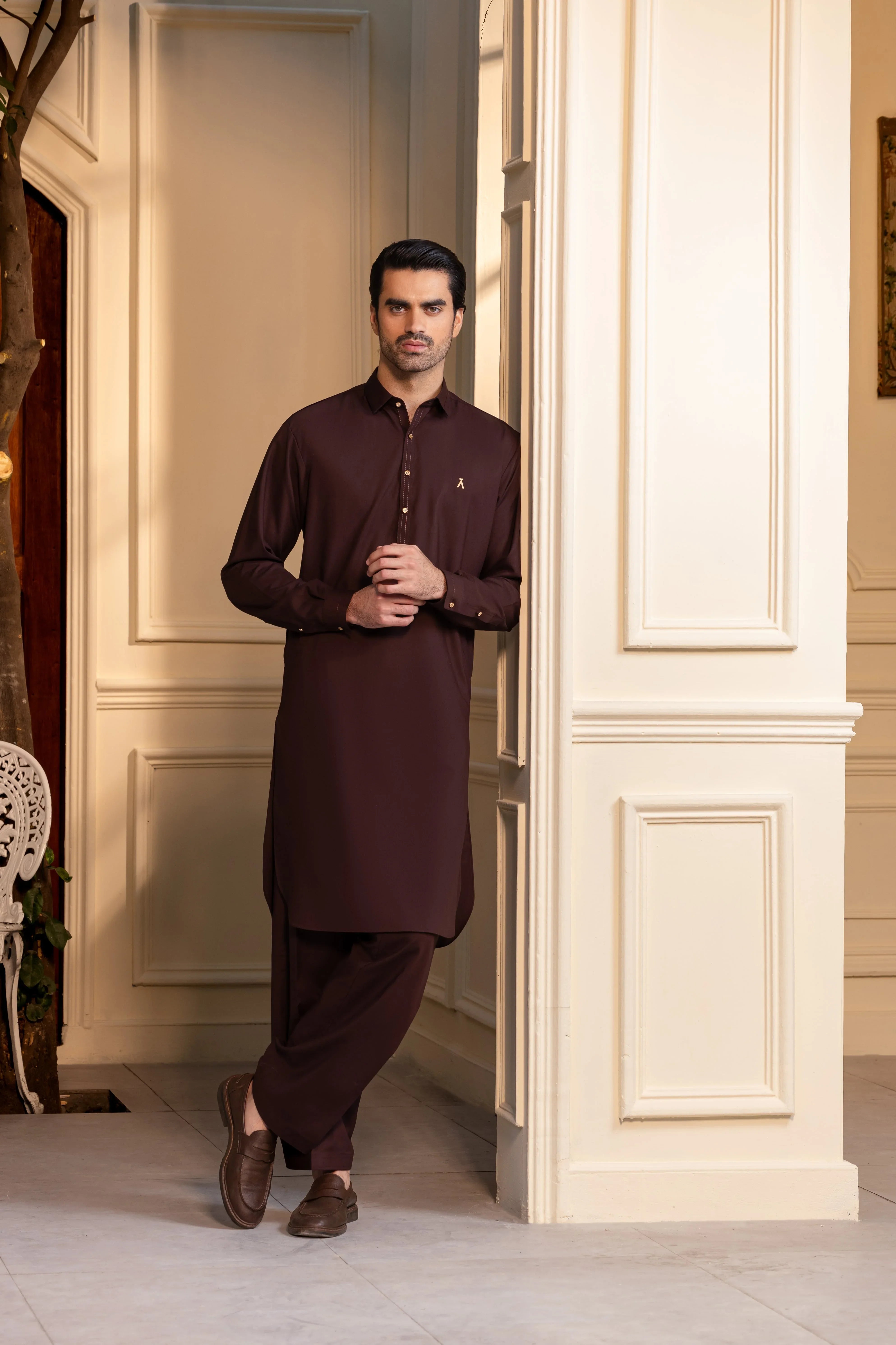 Stitched Kameez Shalwar With Matching Thread Detailing & Golden Buttons for Men - Chocolate Brown - A Man
