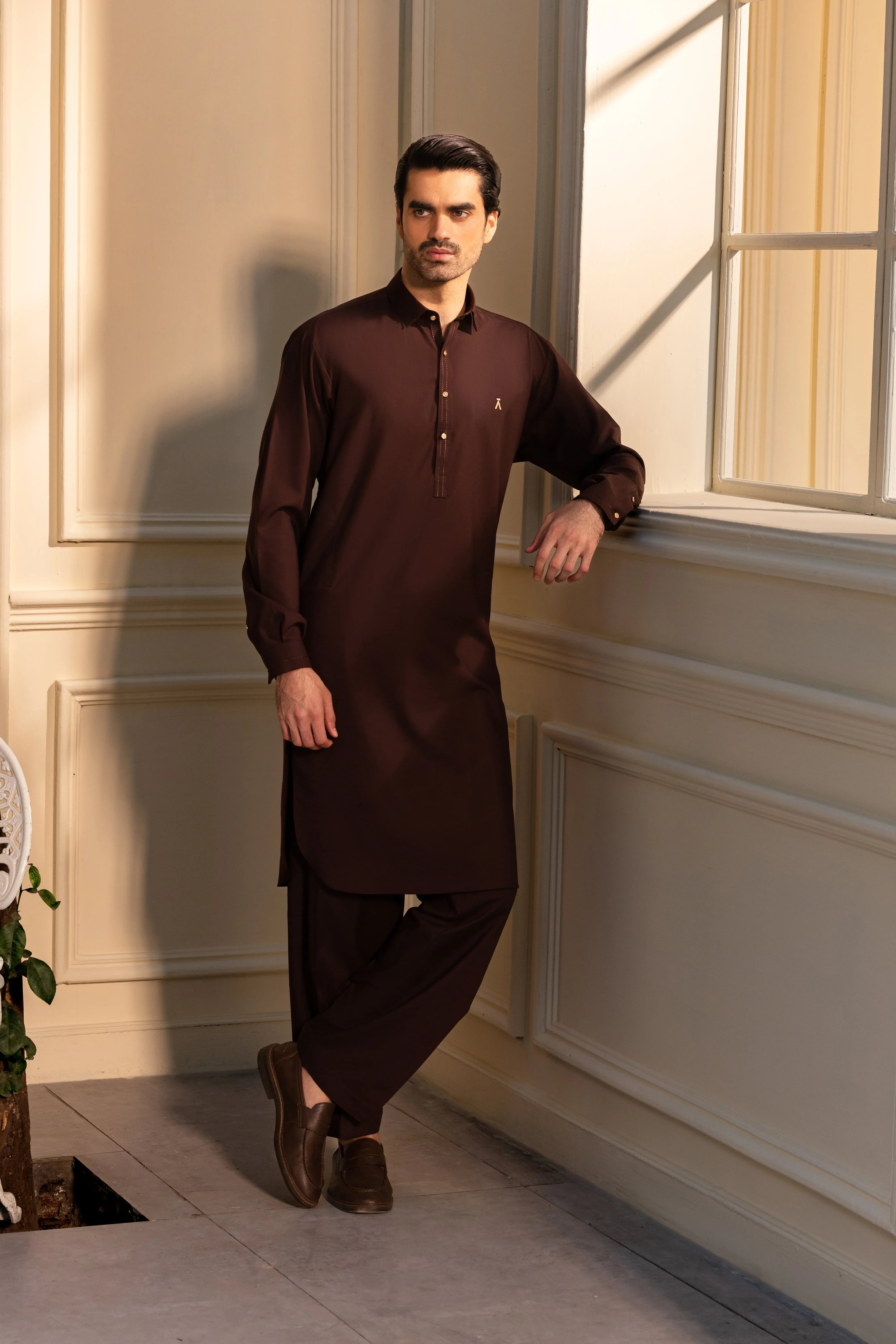 Stitched Kameez Shalwar With Matching Thread Detailing & Golden Buttons for Men - Chocolate Brown - A Man