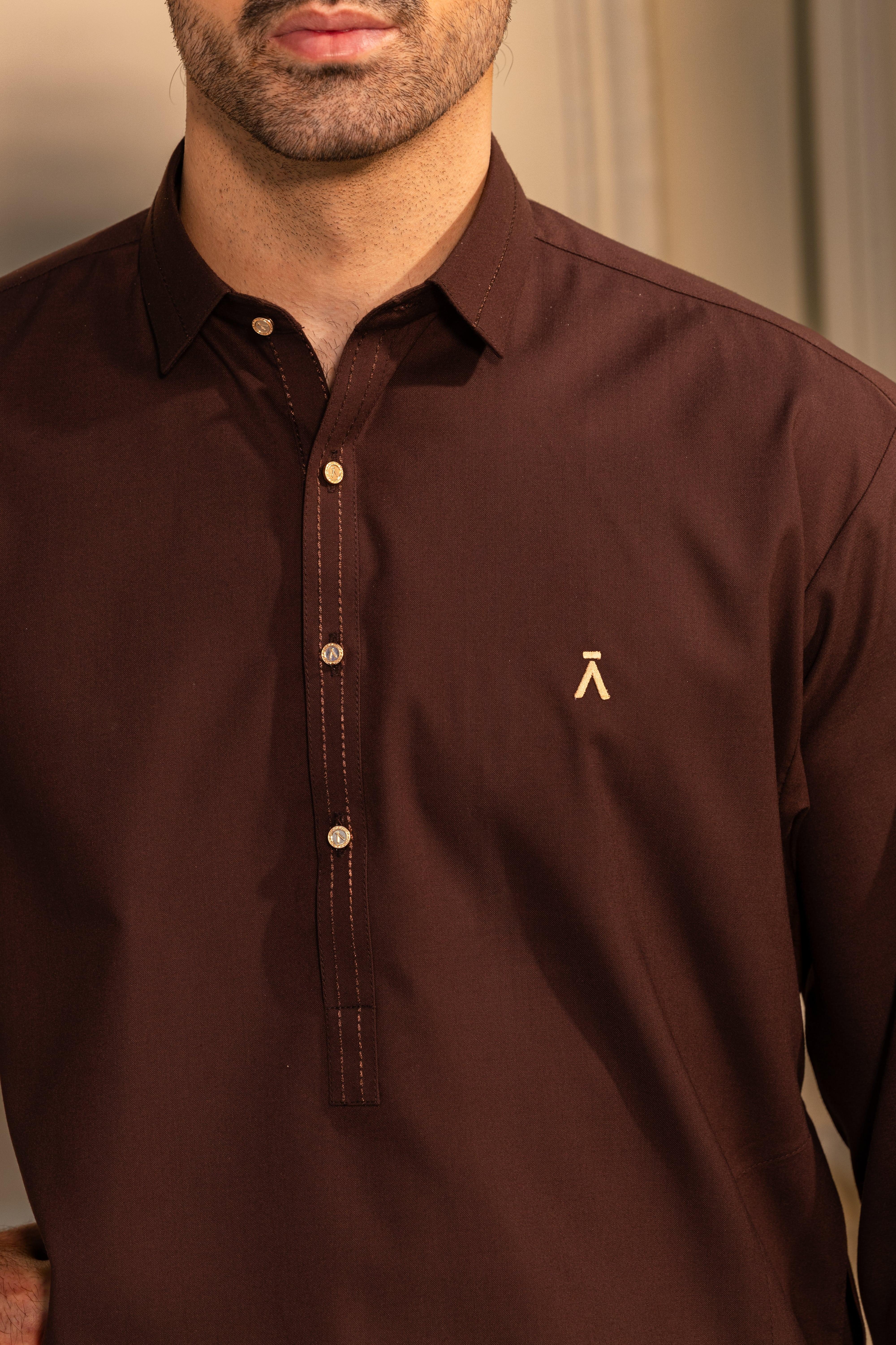 Stitched Kameez Shalwar With Matching Thread Detailing & Golden Buttons for Men - Chocolate Brown - A Man