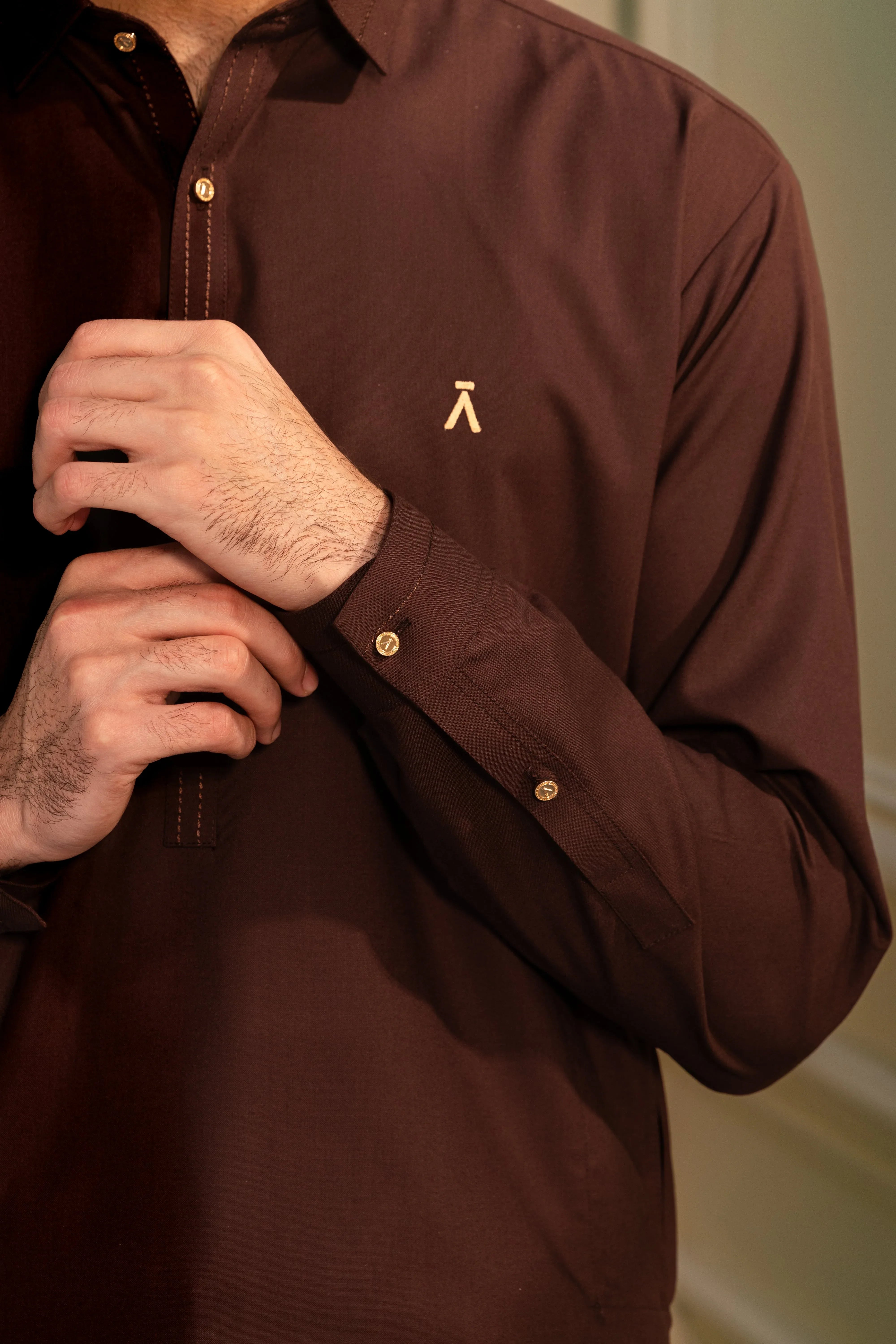 Stitched Kameez Shalwar With Matching Thread Detailing & Golden Buttons for Men - Chocolate Brown - A Man