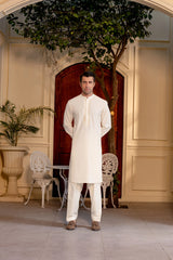Stitched Elegant Boski Embroidered Kurta With Matching Shalwar for Men - Cream - A Man