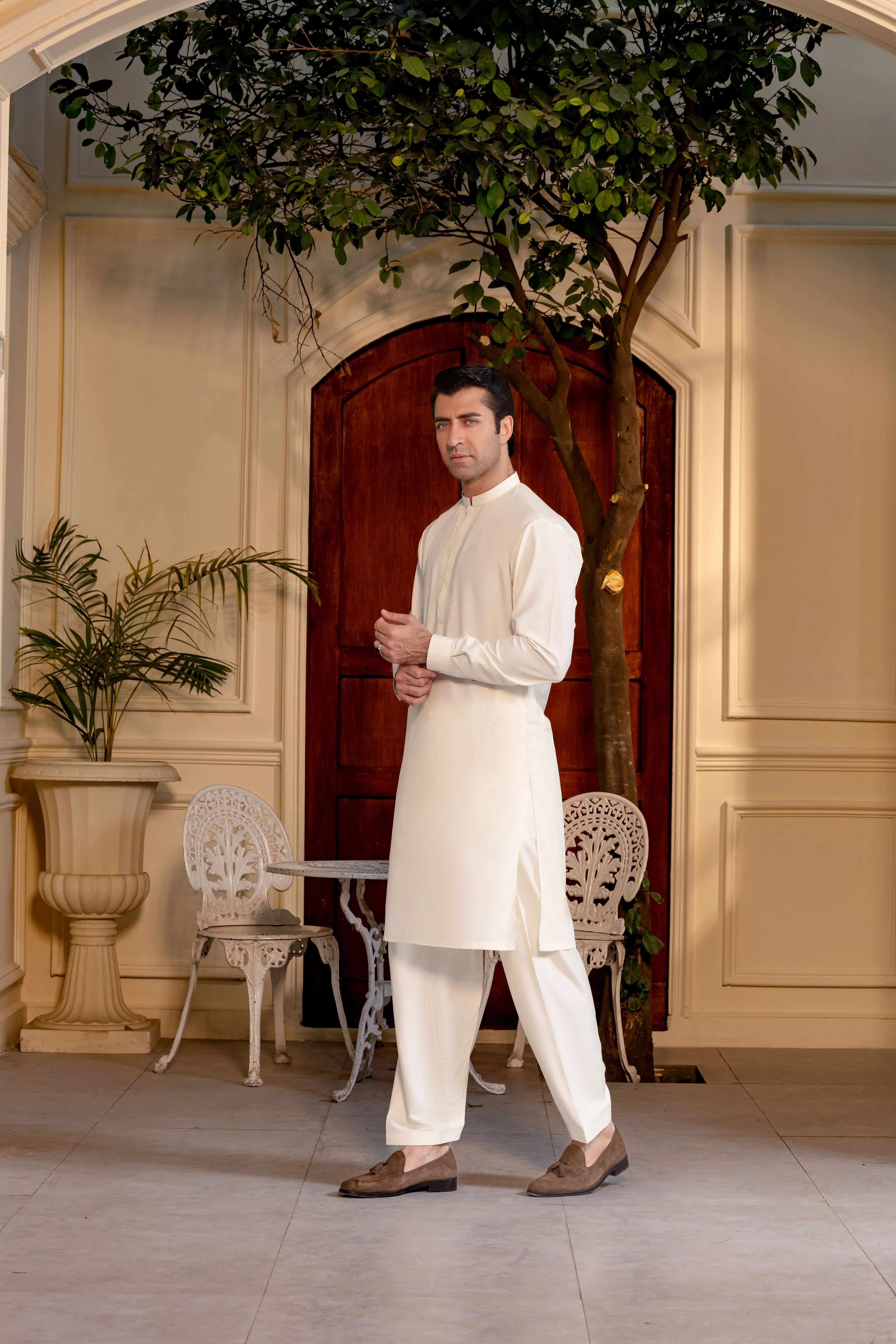 Stitched Elegant Boski Embroidered Kurta With Matching Shalwar for Men - Cream - A Man