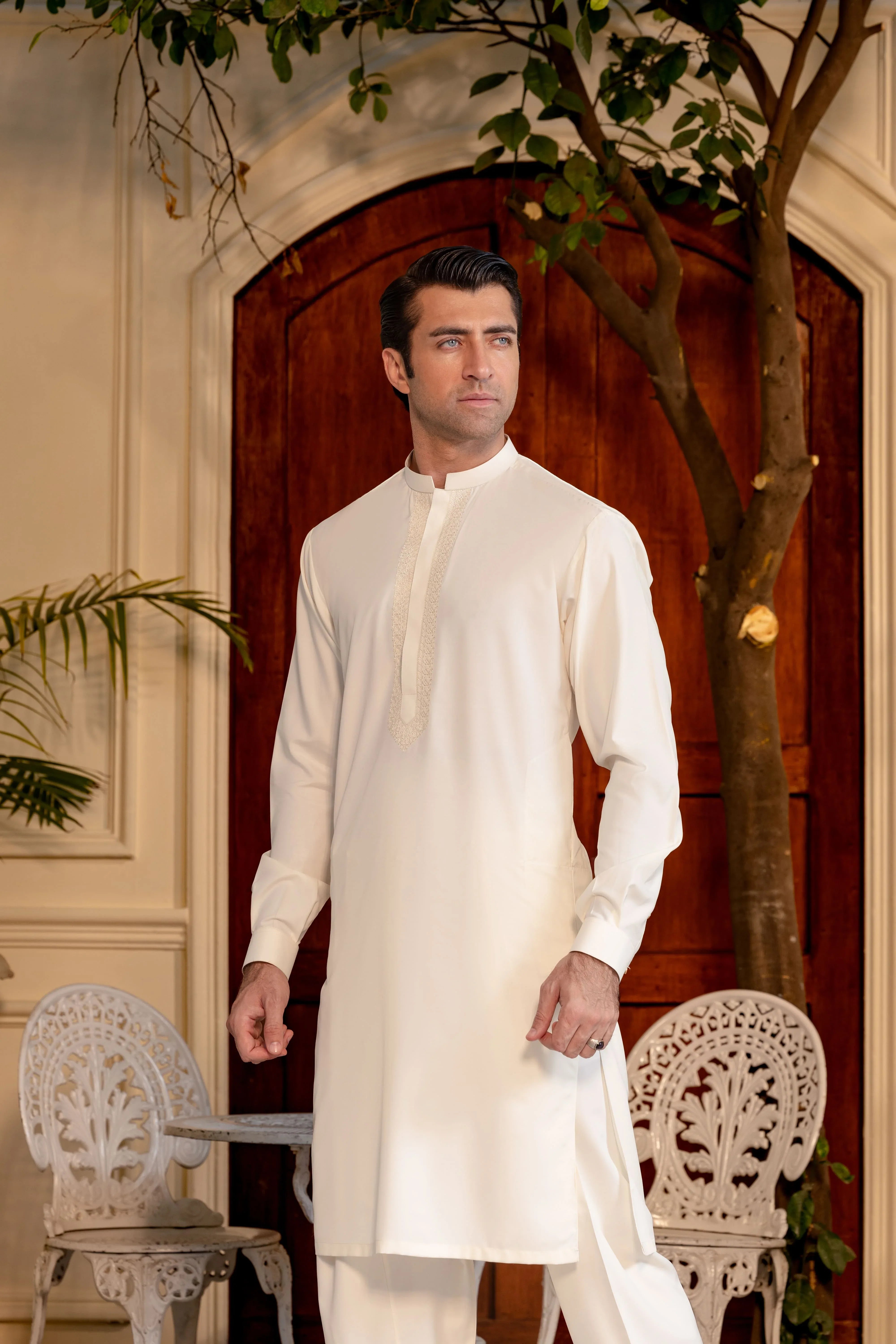 Stitched Elegant Boski Embroidered Kurta With Matching Shalwar for Men - Cream - A Man