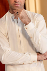 Stitched Elegant Boski Embroidered Kurta With Matching Shalwar for Men - Cream - A Man
