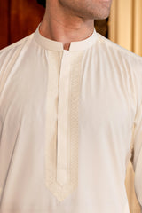 Stitched Elegant Boski Embroidered Kurta With Matching Shalwar for Men - Cream - A Man