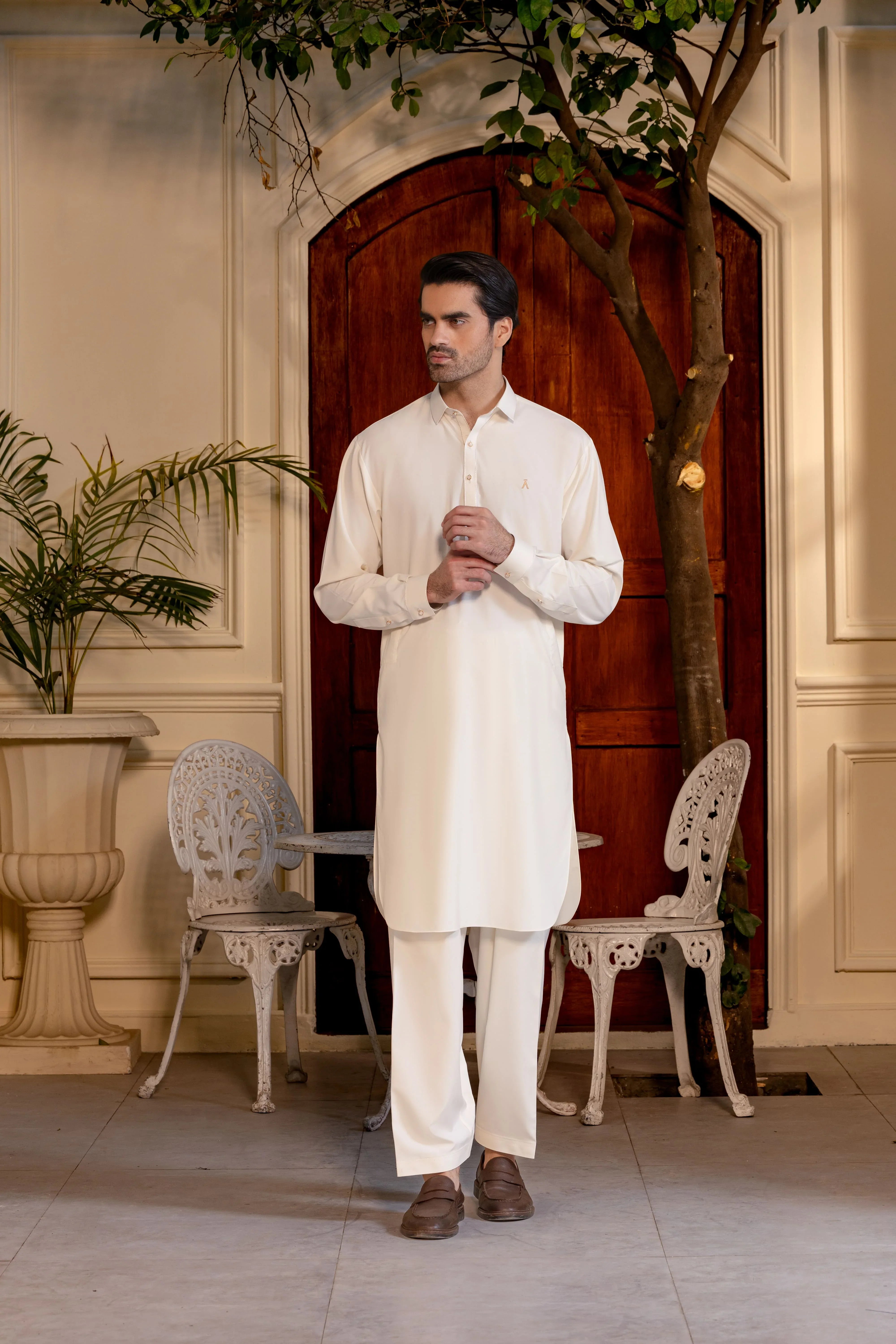 Stitched Premium Boski Kameez Shalwar With Logo Buttons for Men - Cream - A Man