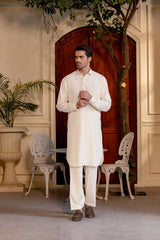 Stitched Premium Boski Kameez Shalwar With Logo Buttons for Men - Cream - A Man