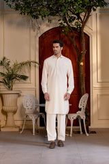 Stitched Premium Boski Kameez Shalwar With Logo Buttons for Men - Cream - A Man