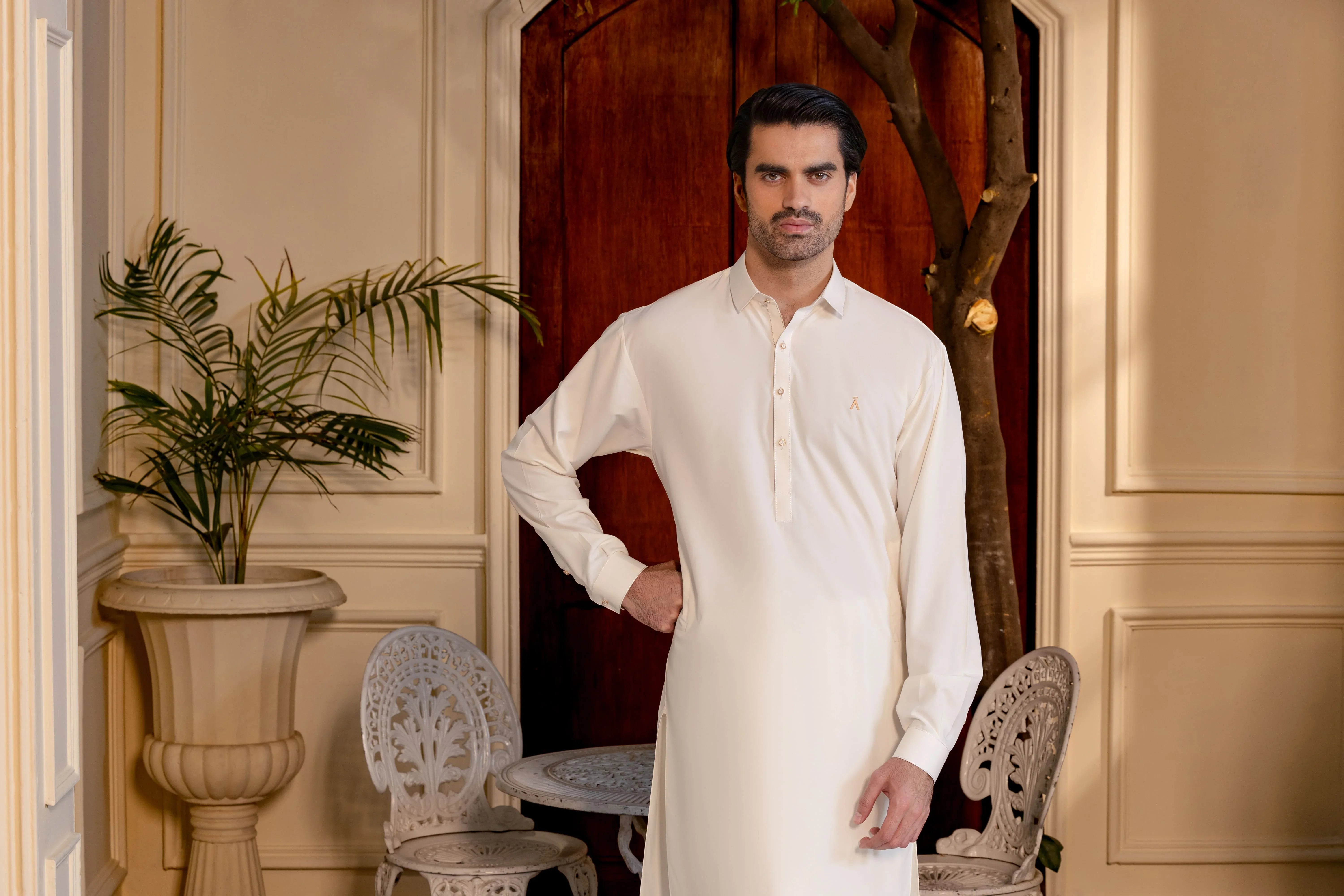 Stitched Premium Boski Kameez Shalwar With Logo Buttons for Men - Cream - A Man