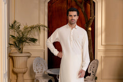 Stitched Premium Boski Kameez Shalwar With Logo Buttons for Men - Cream - A Man