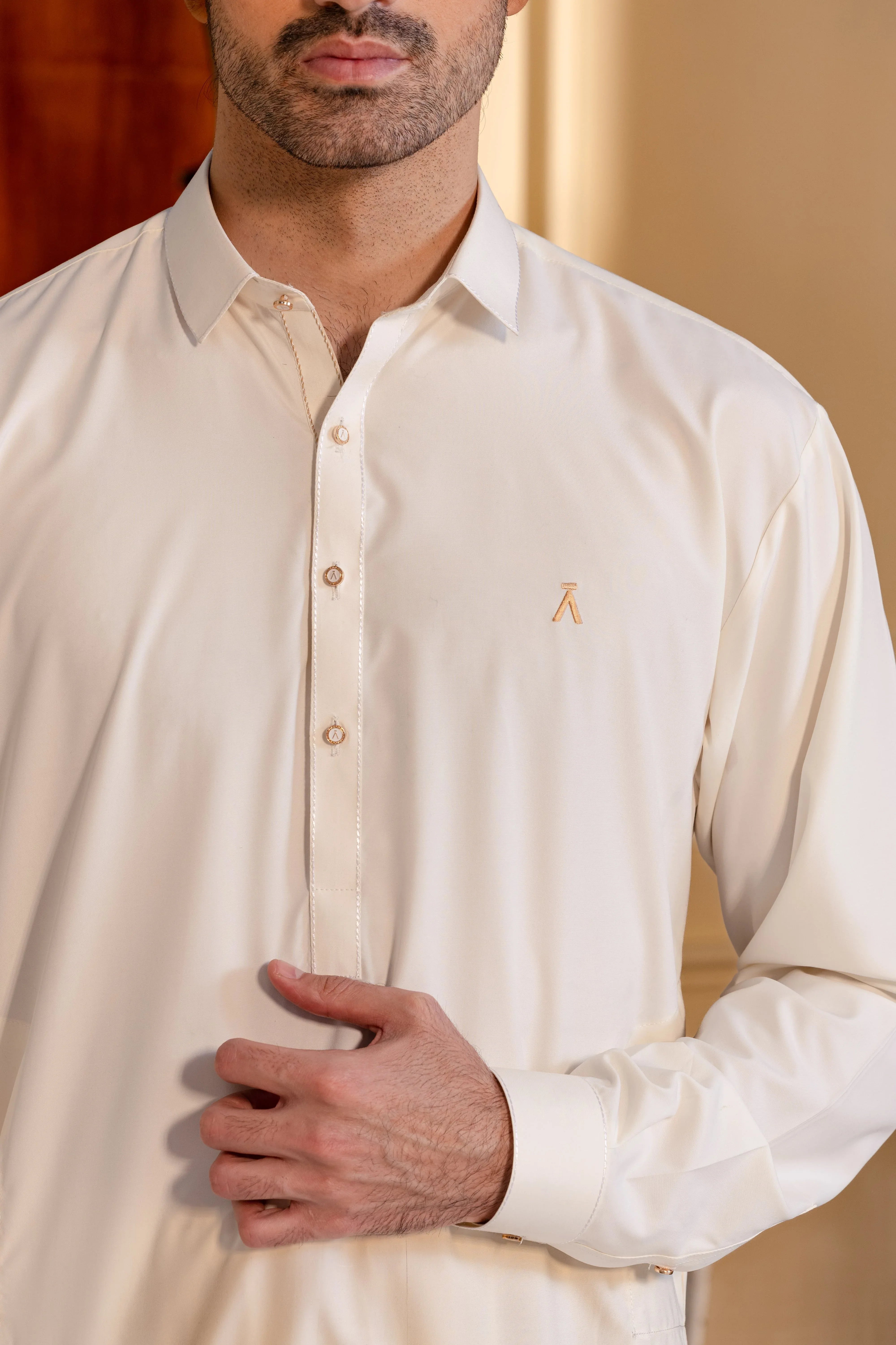 Stitched Premium Boski Kameez Shalwar With Logo Buttons for Men - Cream - A Man