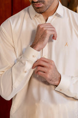 Stitched Premium Boski Kameez Shalwar With Logo Buttons for Men - Cream - A Man