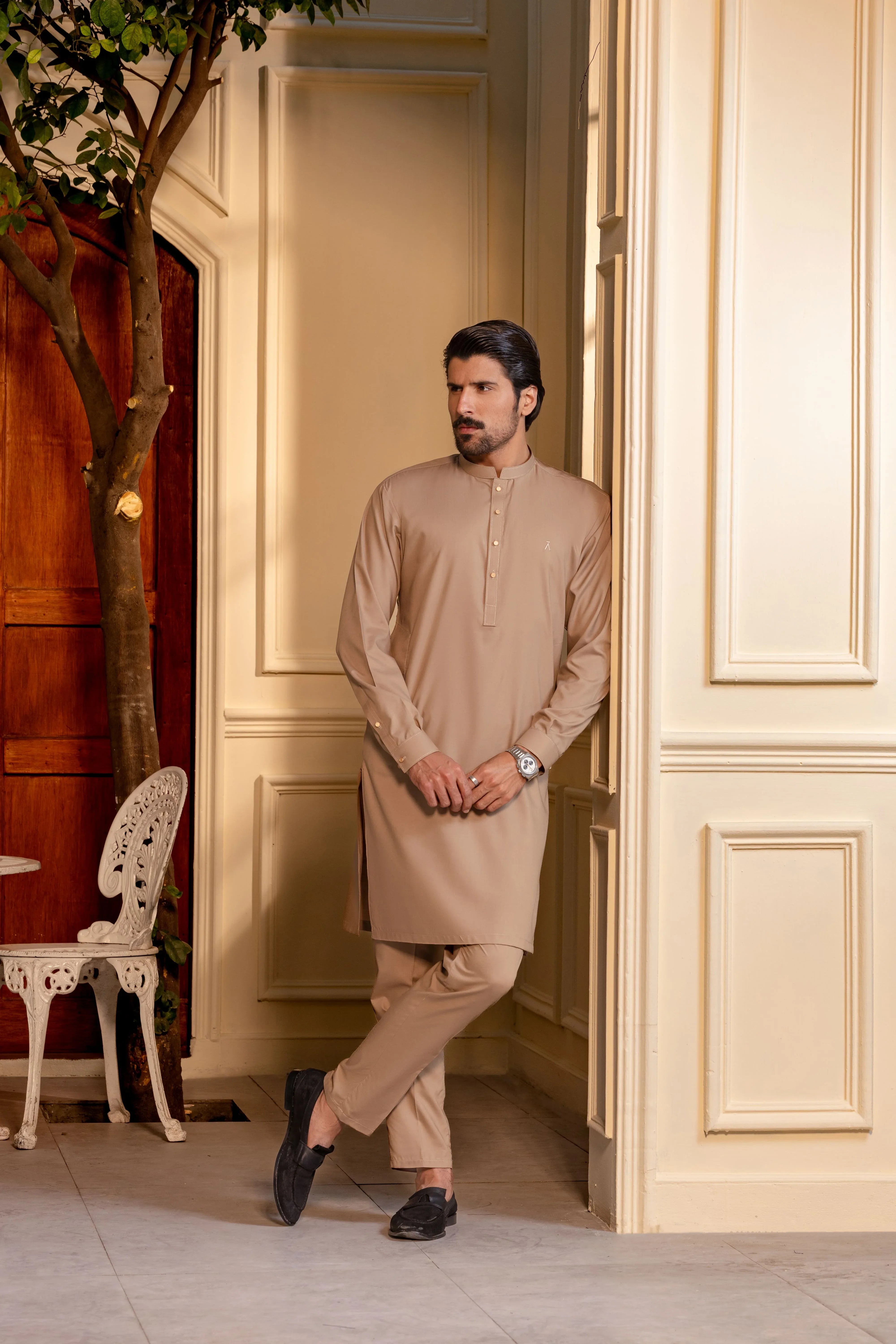 Stitched Kurta With Matching Trousers & Metal Buttons for Men - Camel Brown - A Man