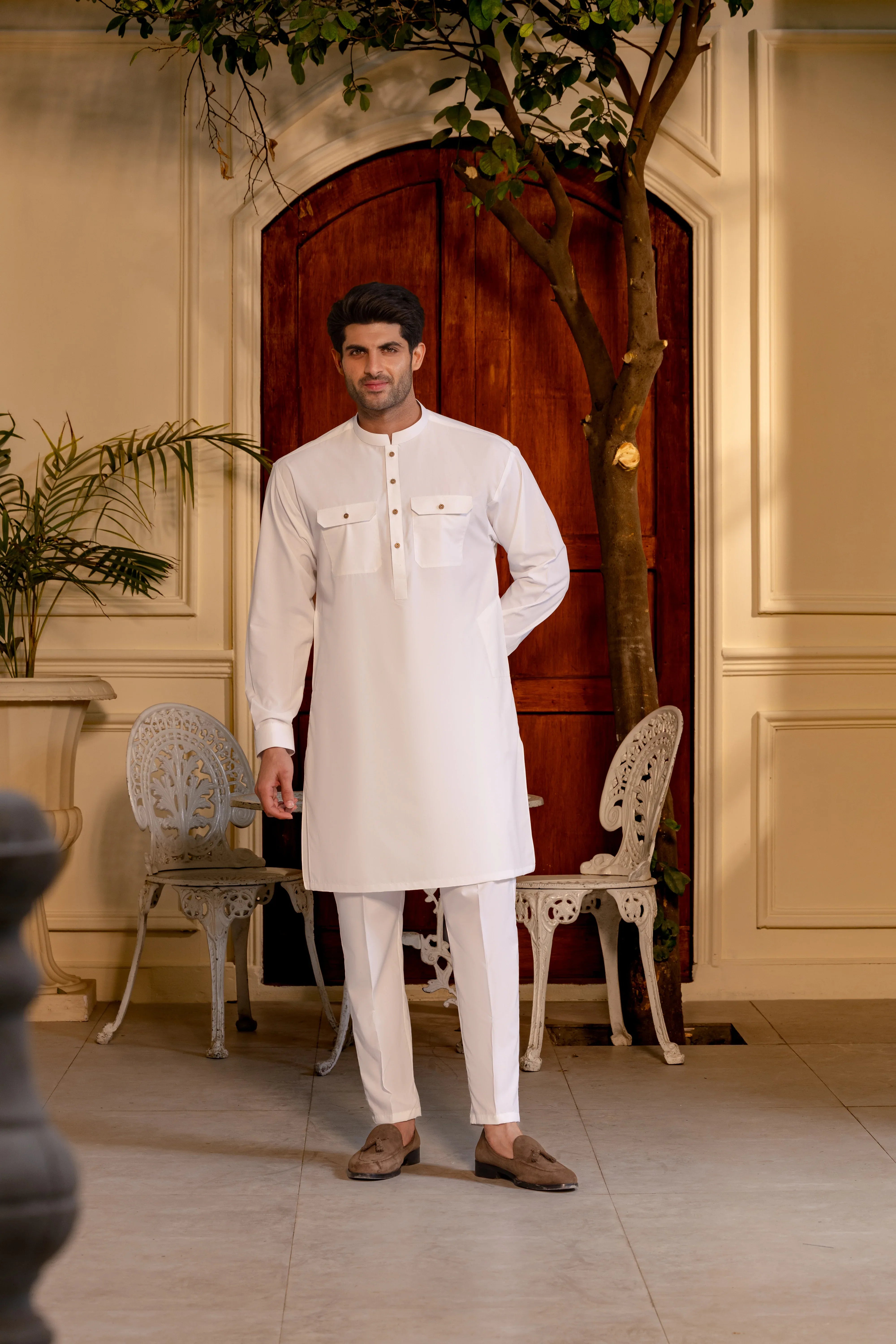 Stitched Double Pocket Boski Kurta Trouser With Contrast Metal Buttons for Men - Off White | Black | Bottle Green - A Man